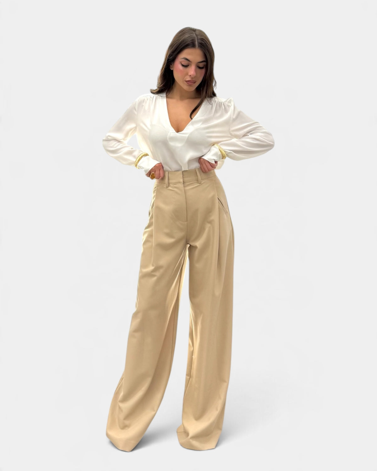 Koralline - Pantalone con Piegoni Davanti Beige