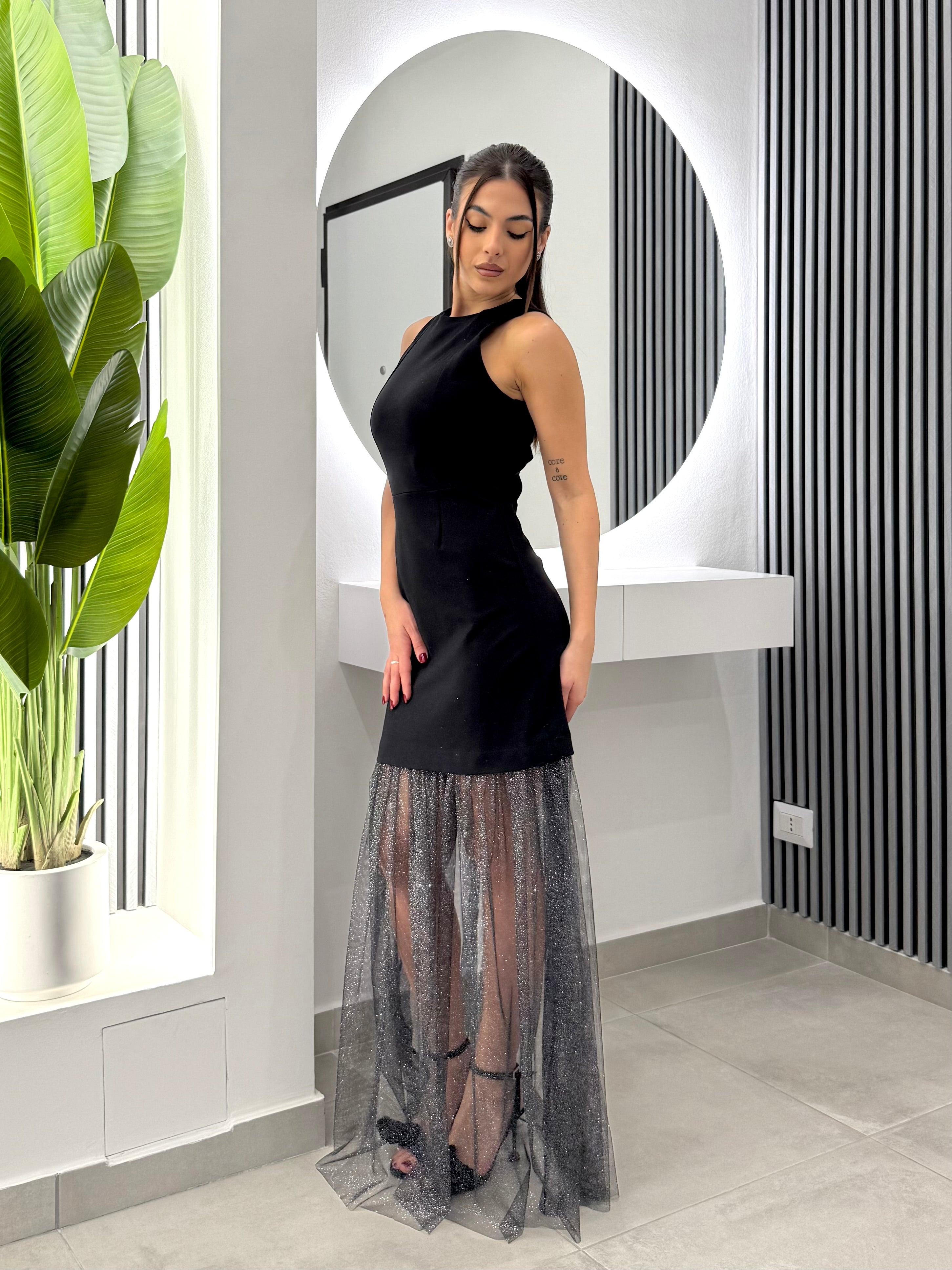 D'Elle Giulia Mastini - Abito Lungo Tulle Laminato Nero