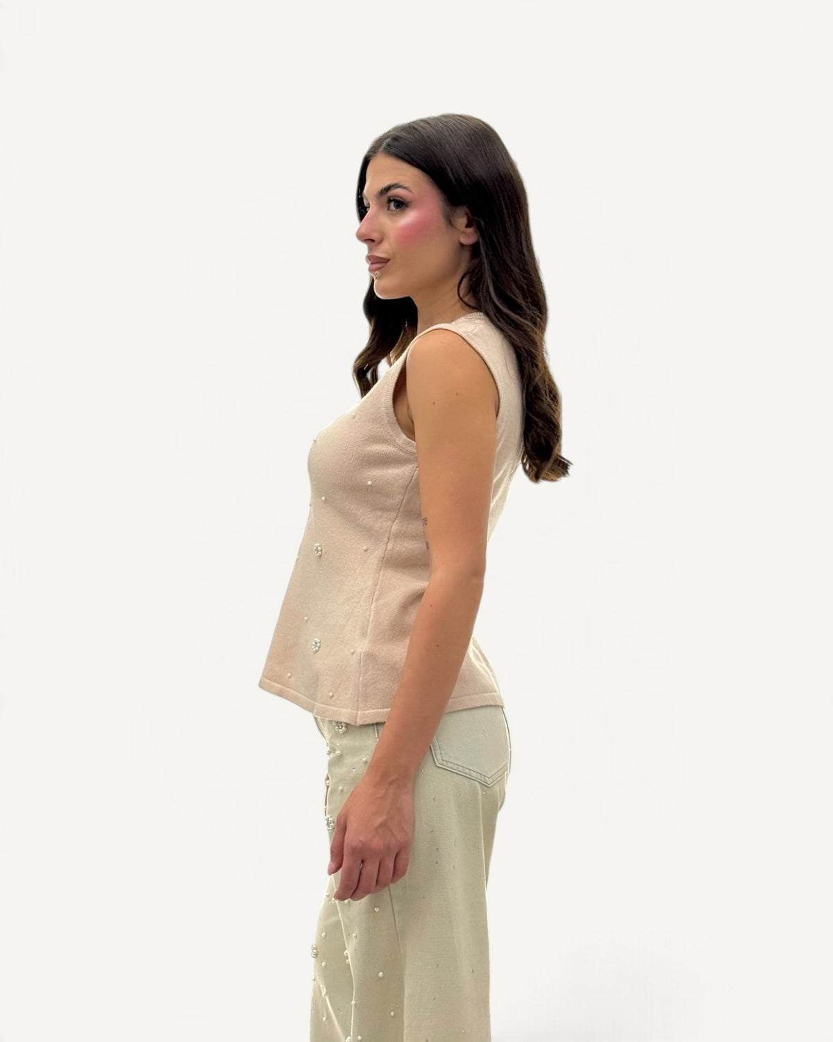 Koralline - Top Beige Girocollo con Perle e Strass