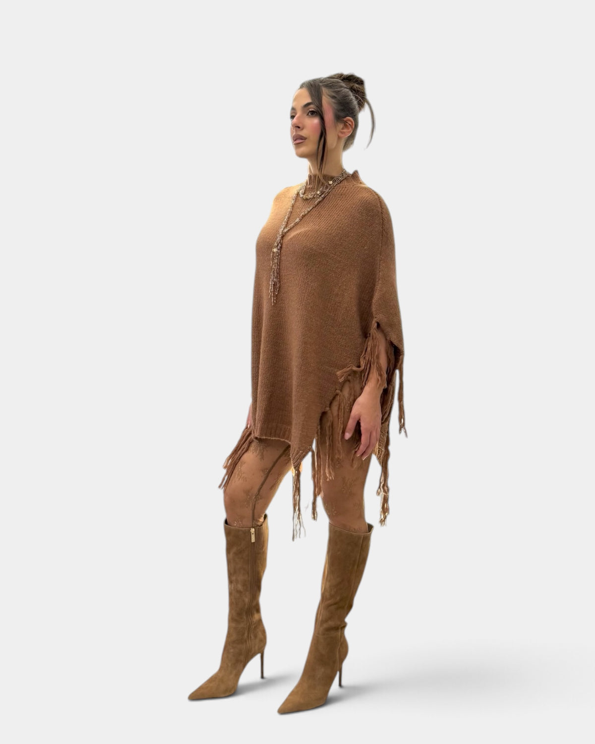 Koralline - Poncho con frange nocciola