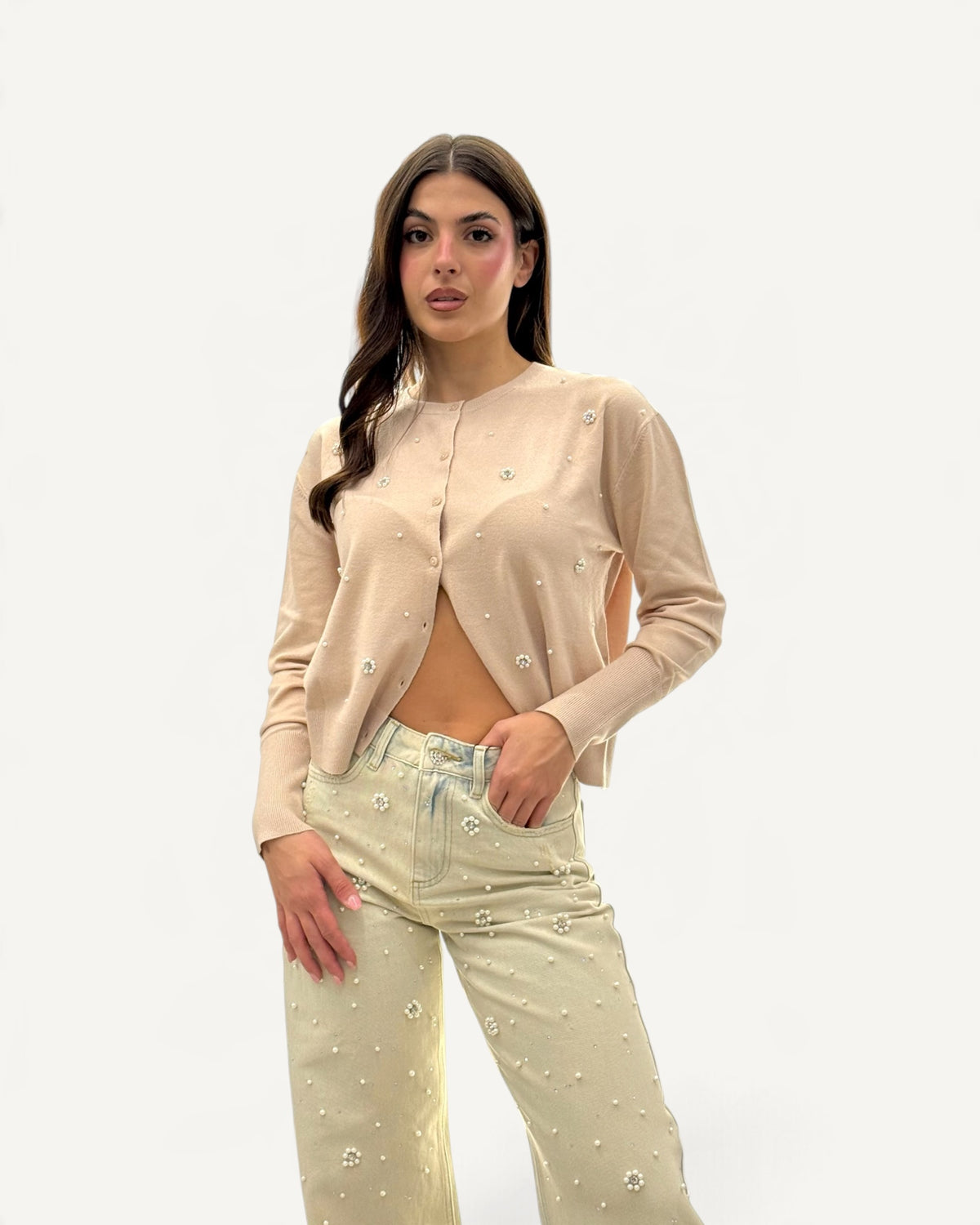 Koralline - Cardigan Beige Girocollo con Perle e Strass