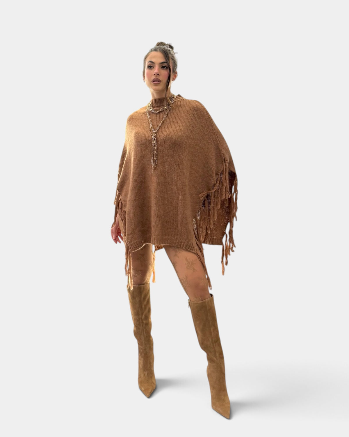 Koralline - Poncho con frange nocciola
