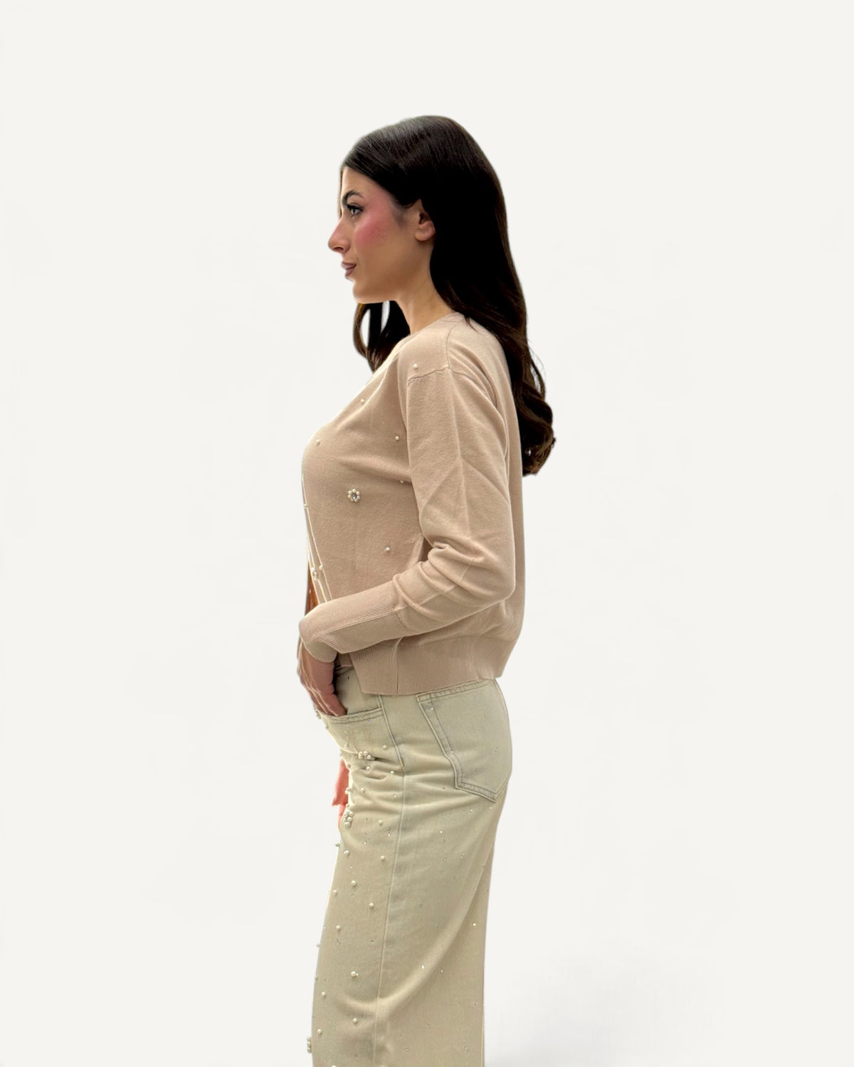 Koralline - Cardigan Beige Girocollo con Perle e Strass