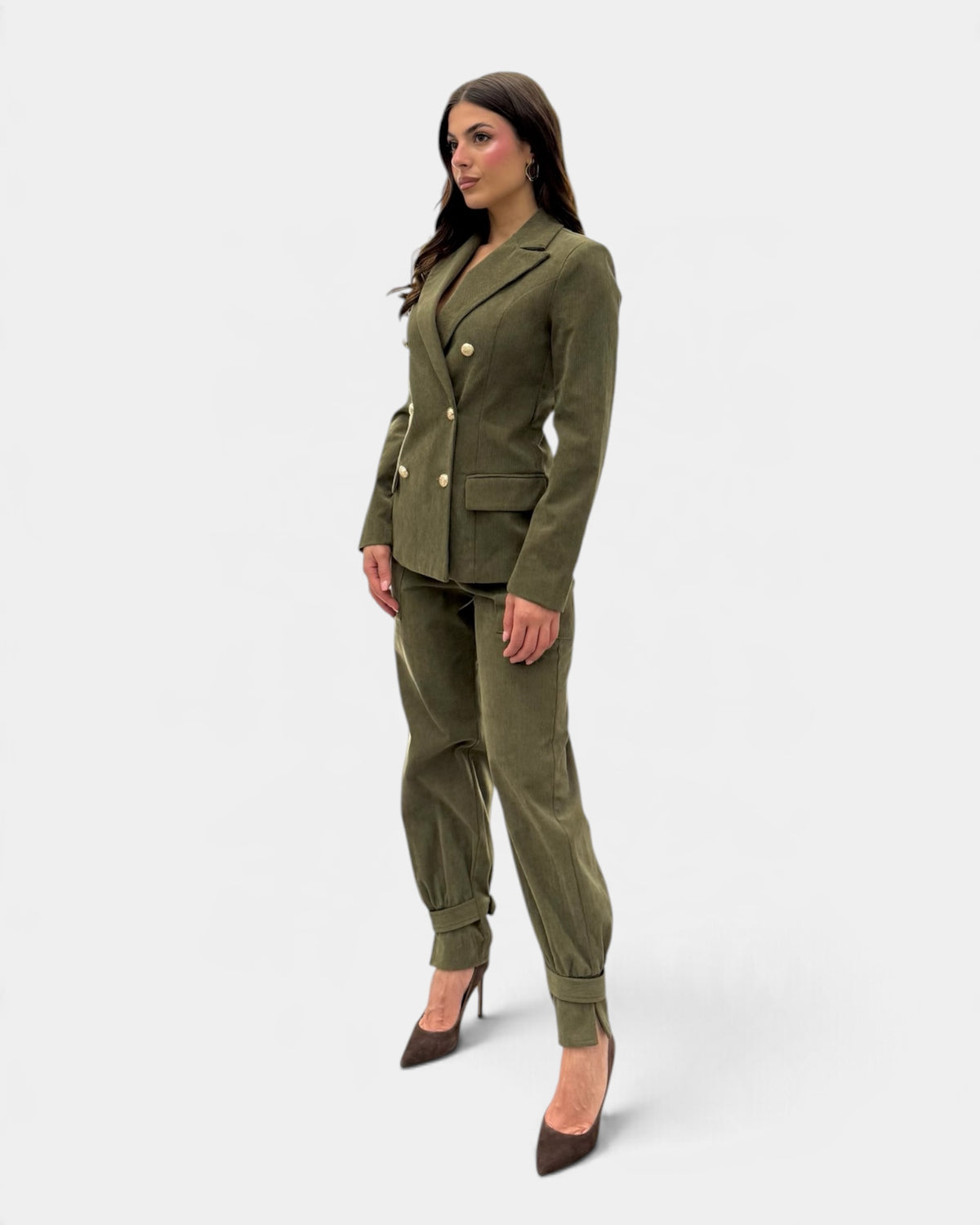 Koralline - Pantalone Cargo in Velluto con Tasconi Verde Militare