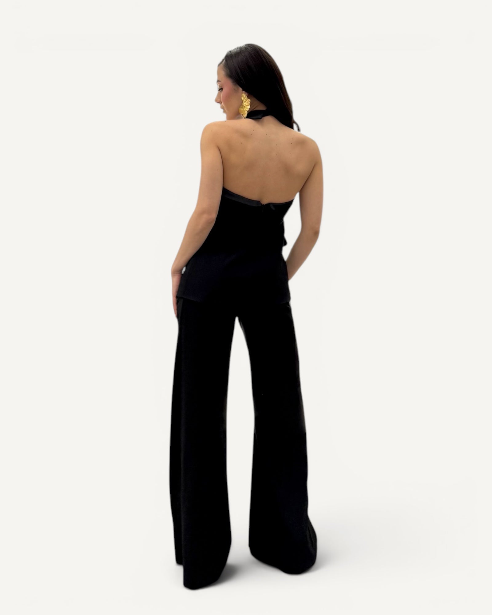 Hanita Couture – Pantalone Palazzo con Bande Laterali in Raso Smoking