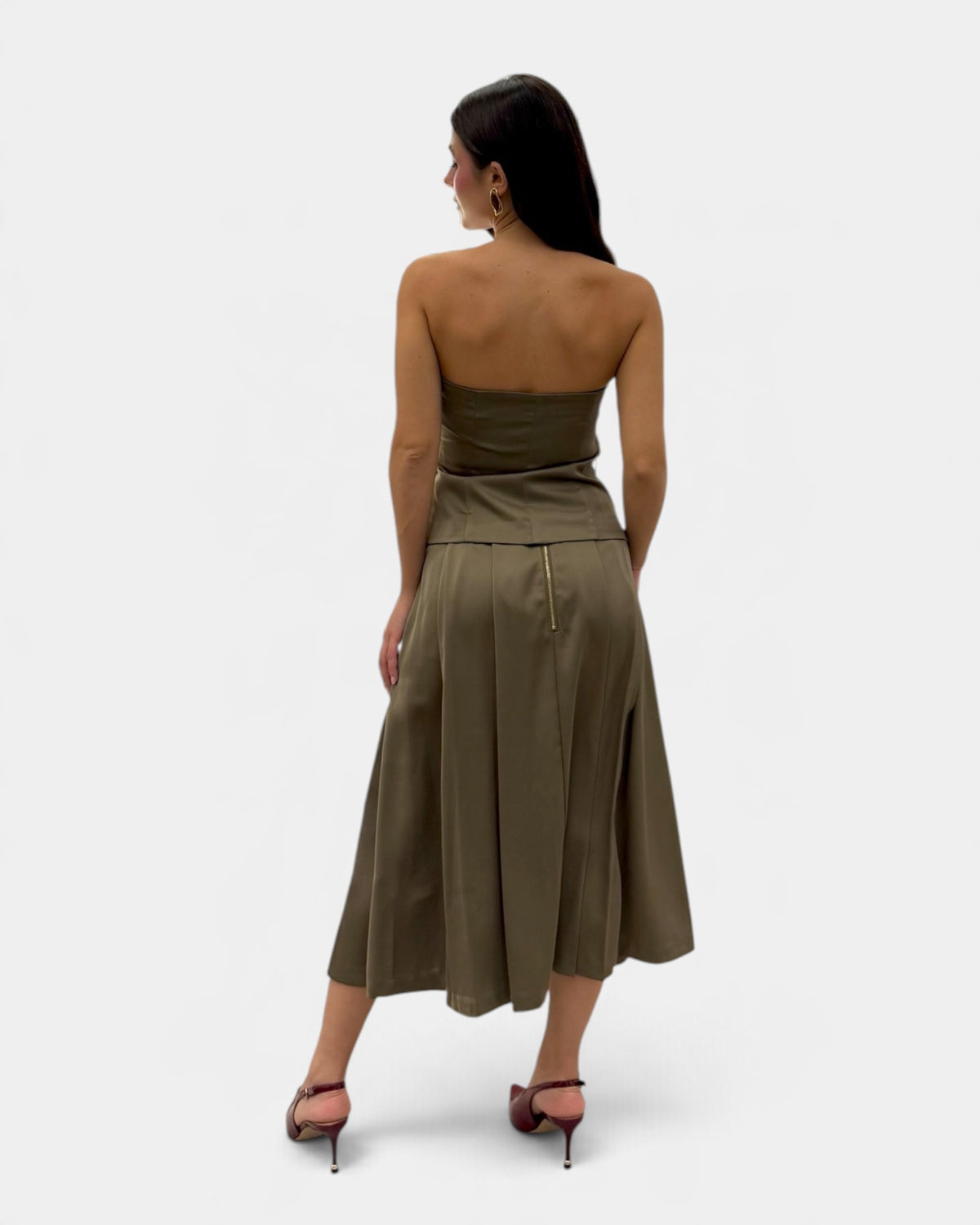 Koralline - Gonna Lunga a Pieghe in Raso Verde Militare