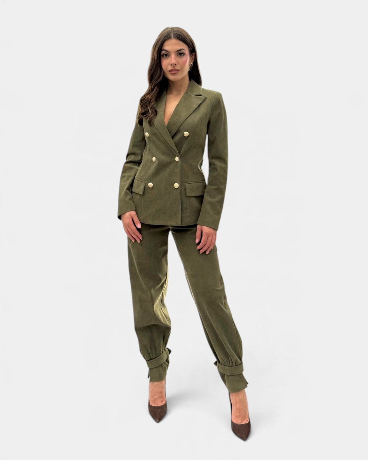 Koralline - Pantalone Cargo in Velluto con Tasconi Verde Militare