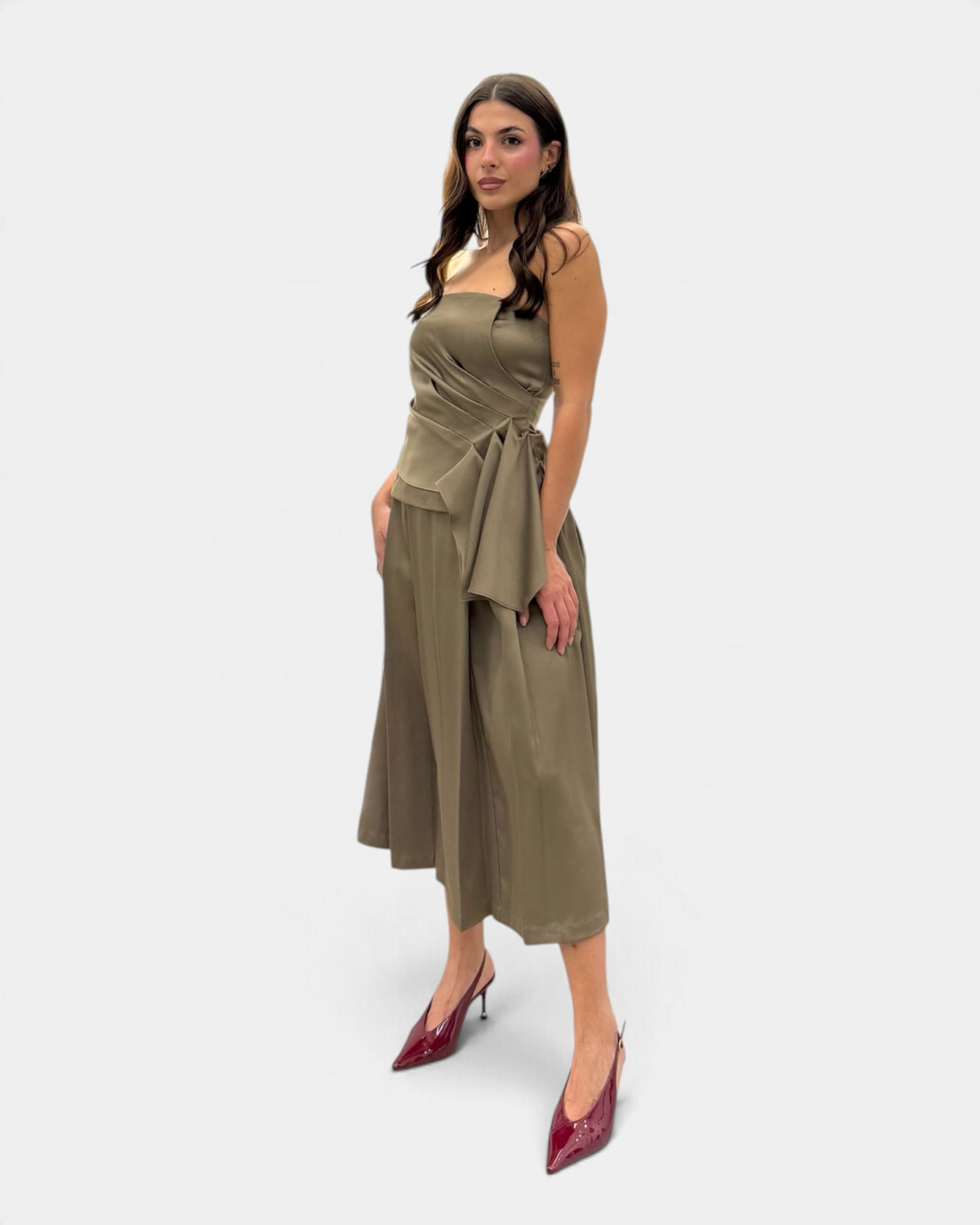 Koralline - Gonna Lunga a Pieghe in Raso Verde Militare