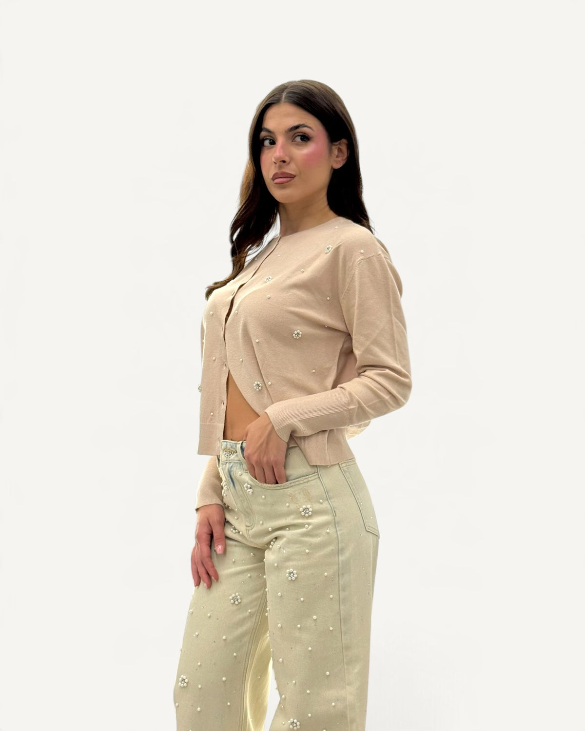 Koralline - Cardigan Beige Girocollo con Perle e Strass