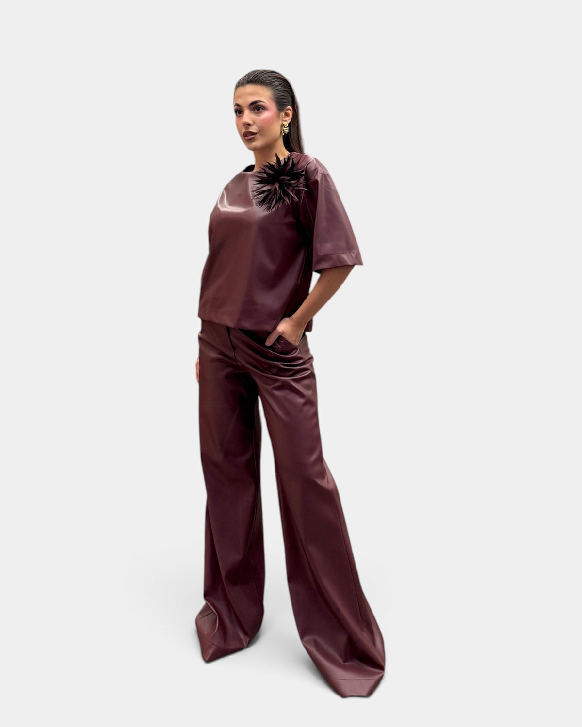 Dramée - Pantalone Largo in Ecopelle Bordeaux