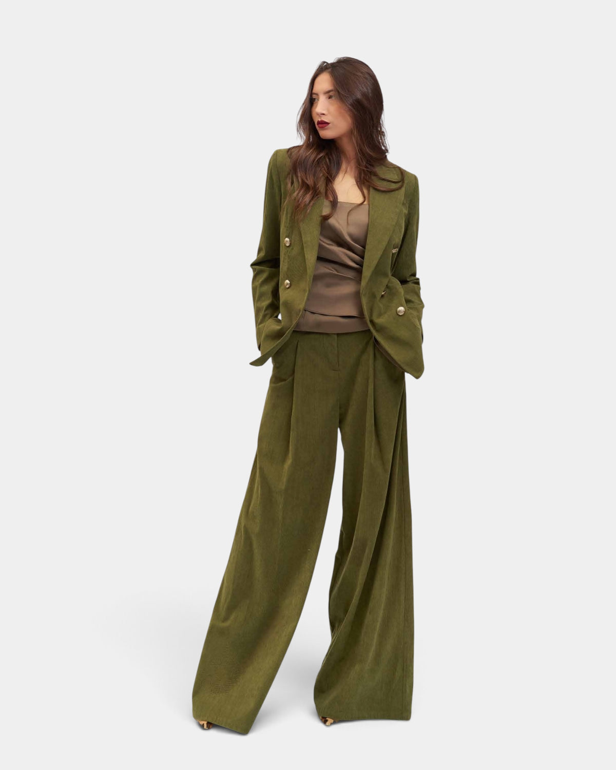 Koralline - Giacca Doppiopetto in Velluto Verde Militare