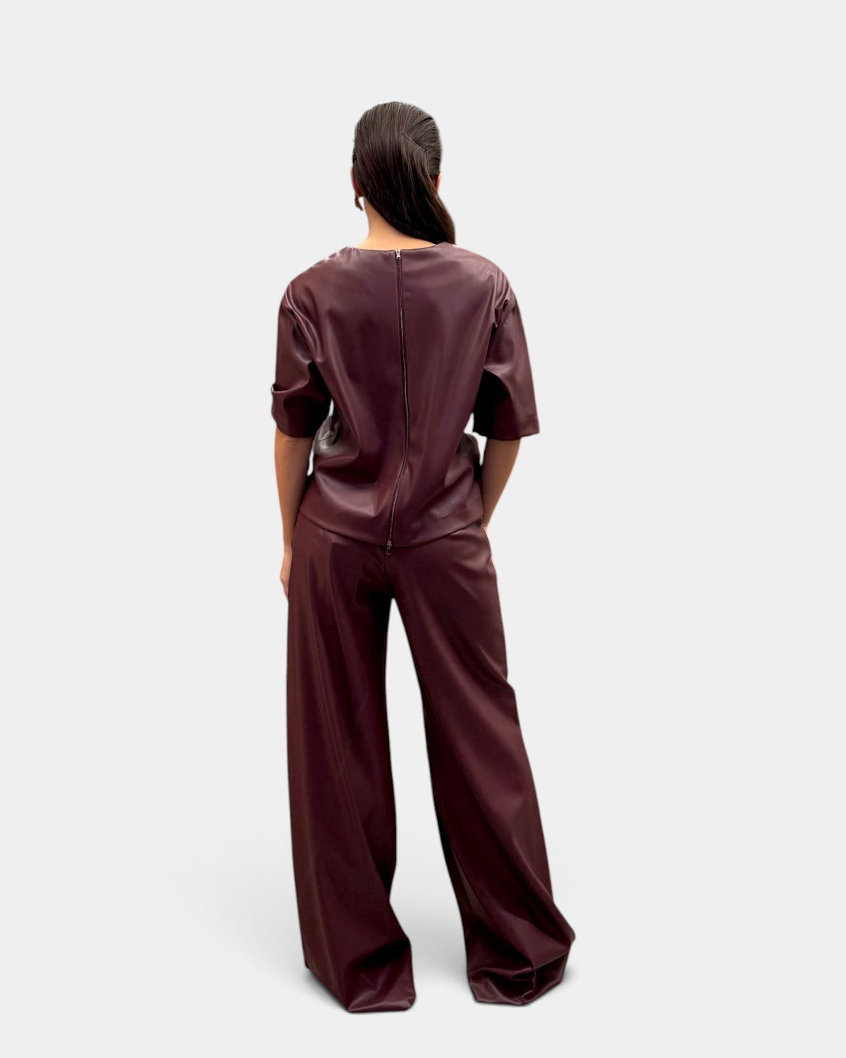Dramée - Pantalone Largo in Ecopelle Bordeaux