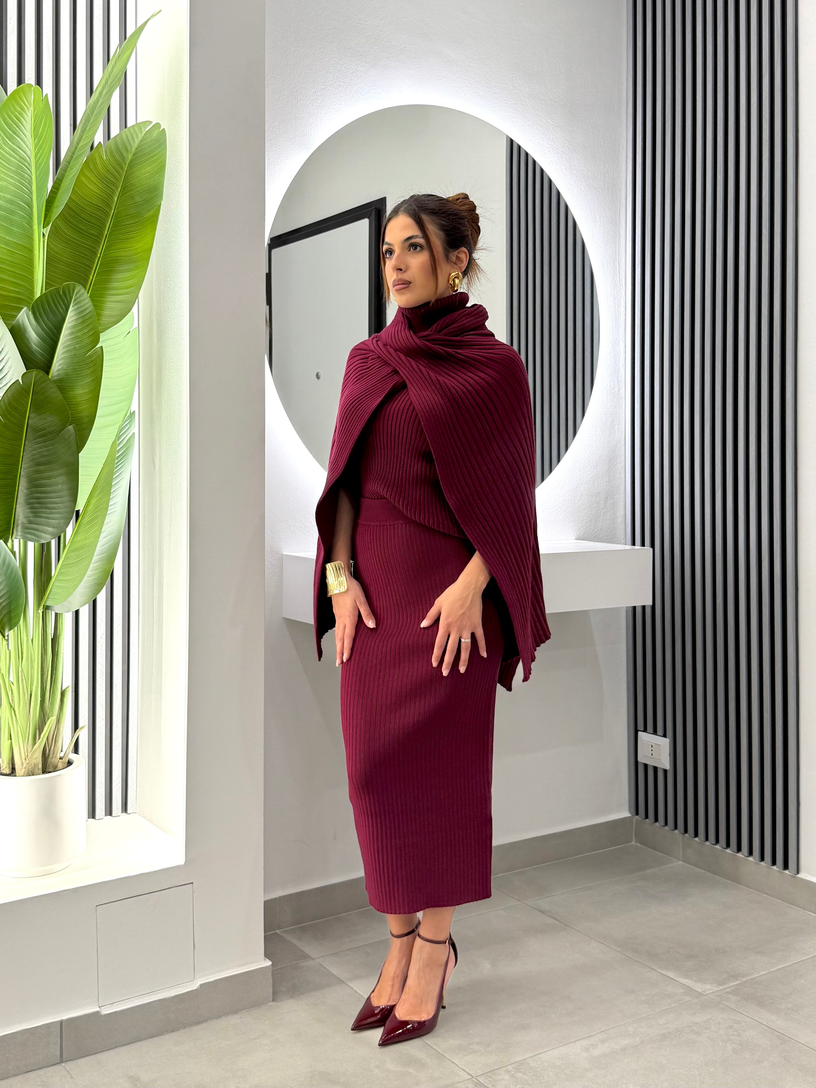 No Secrets - Poncho Maglia Coste Bordeaux