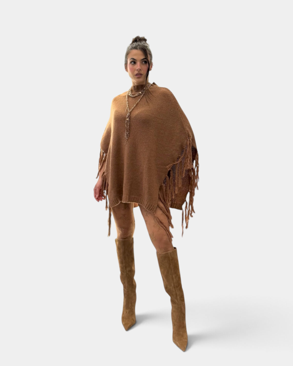 Koralline - Poncho con frange nocciola