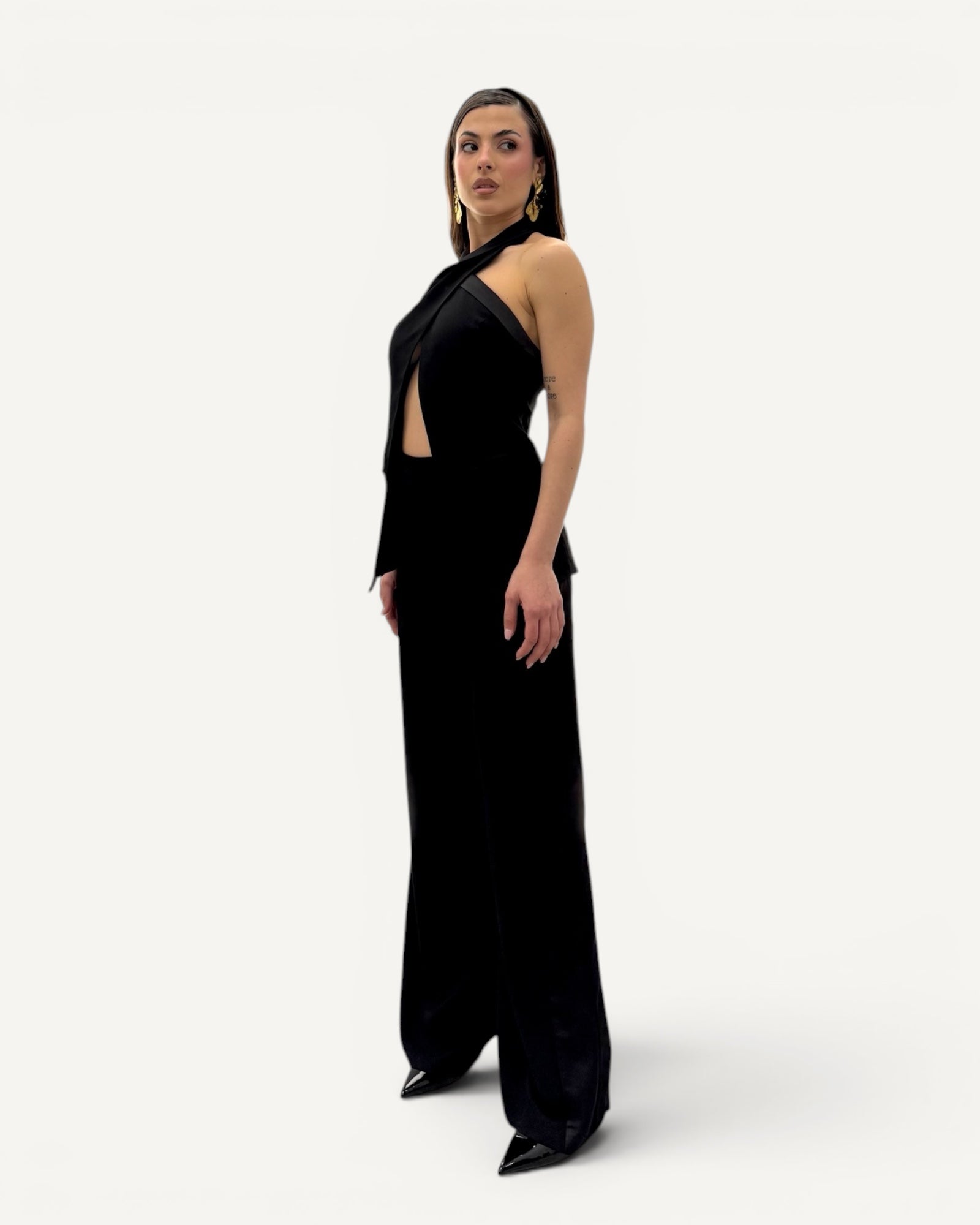 Hanita Couture – Pantalone Palazzo con Bande Laterali in Raso Smoking