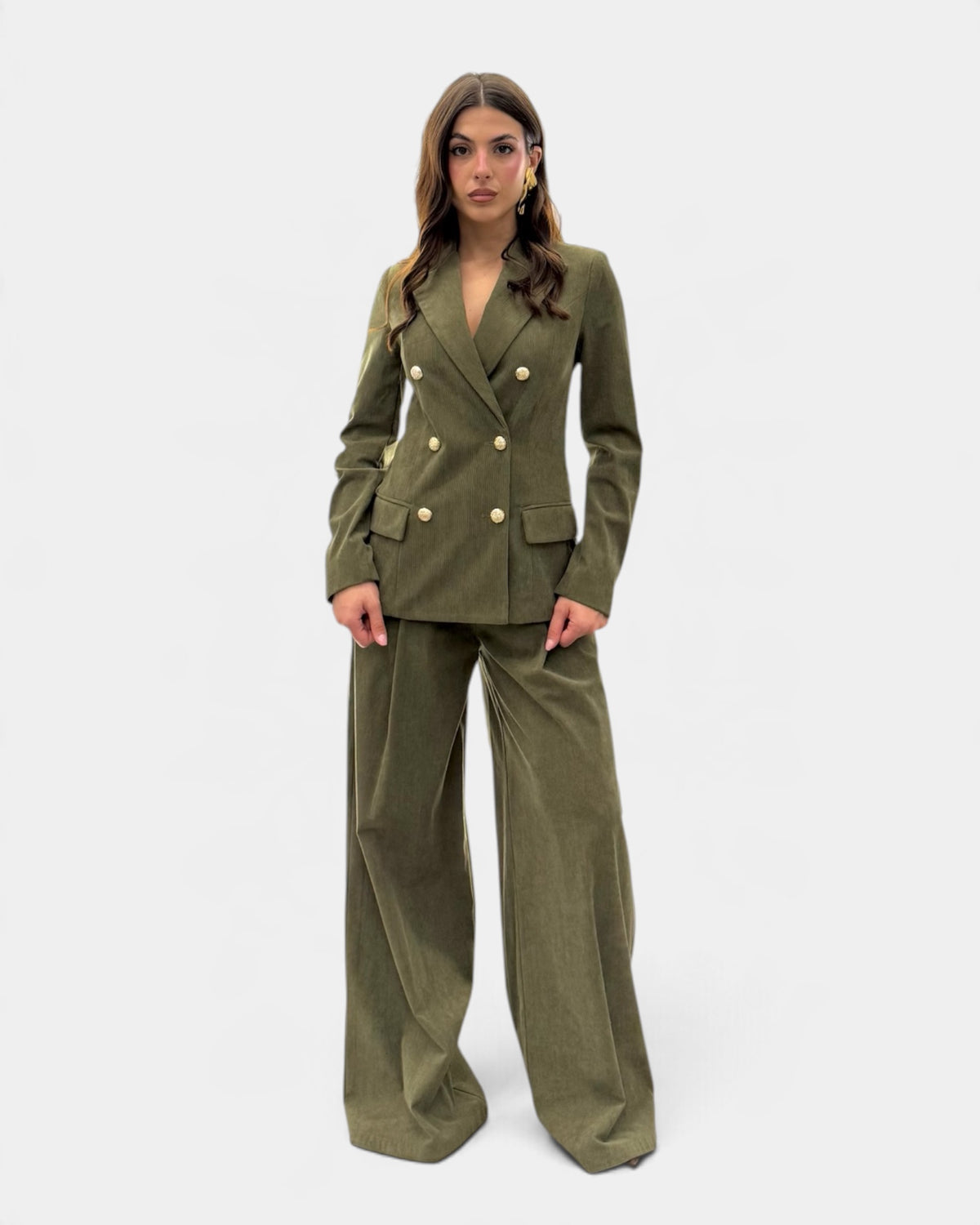 Koralline - Pantalone Morbido Velluto con Pinces Verde Militare