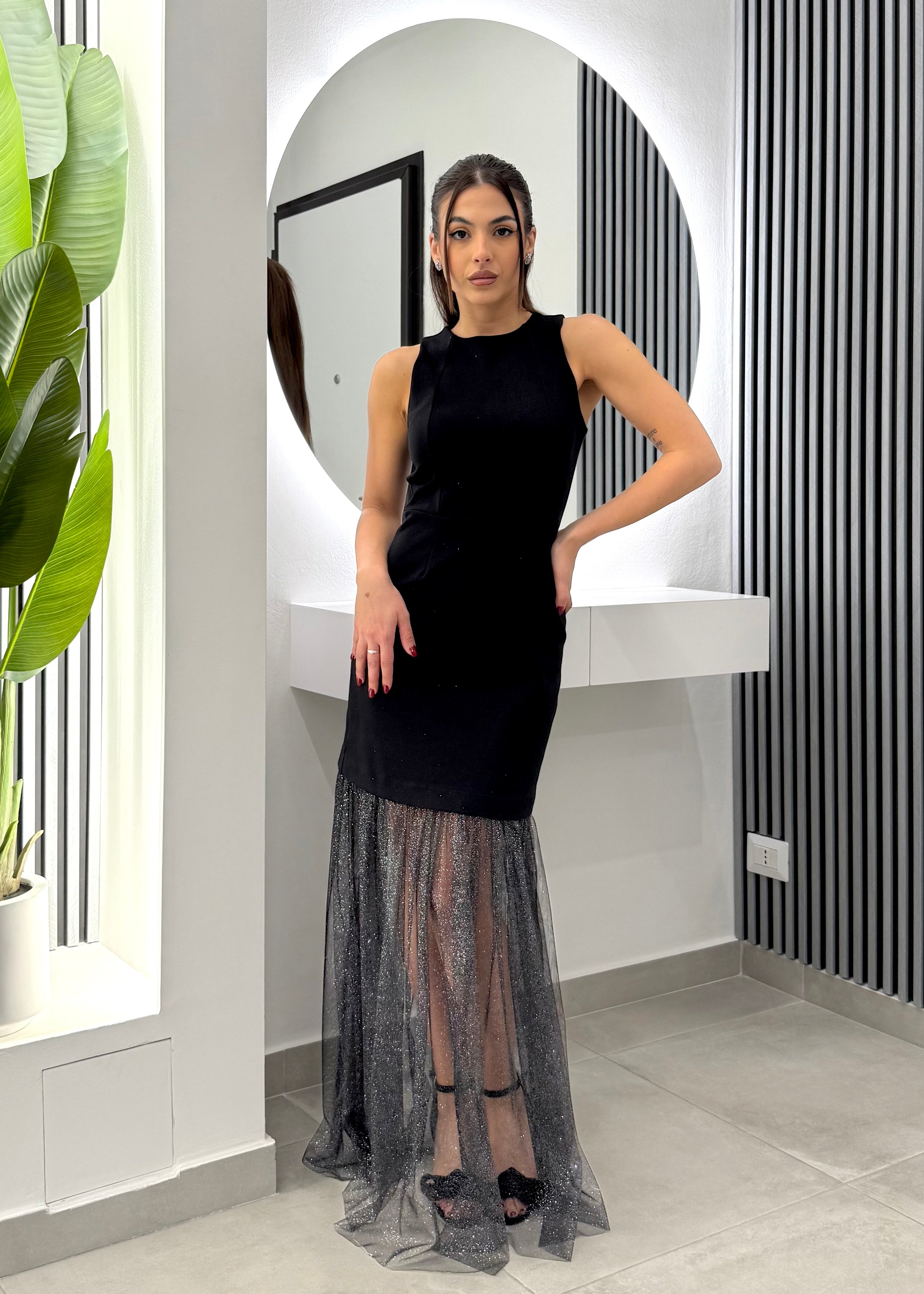 D'Elle Giulia Mastini - Abito Lungo Tulle Laminato Nero