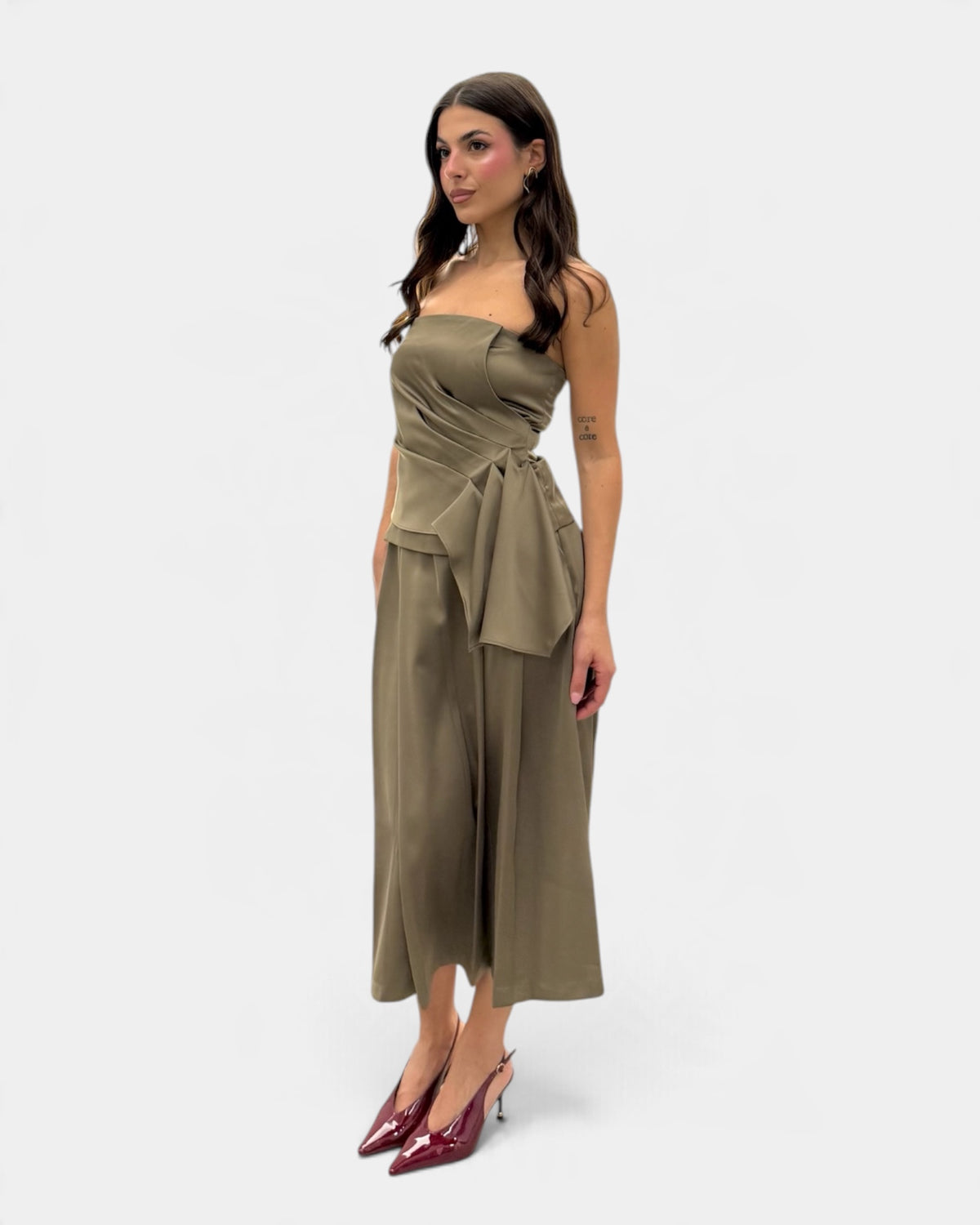 Koralline - Gonna Lunga a Pieghe in Raso Verde Militare