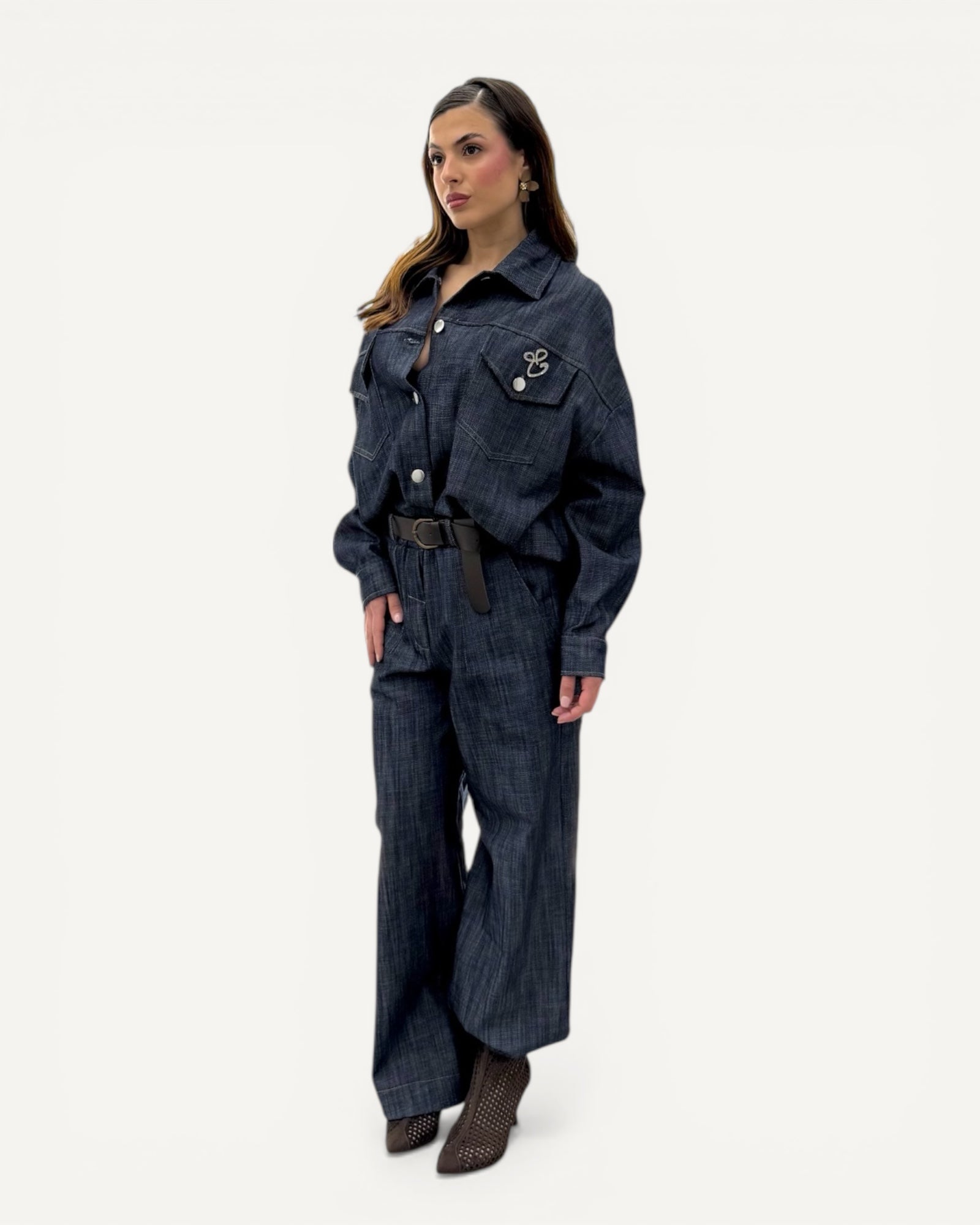 KikiSix - Pantalone Palazzo Denim Scuro