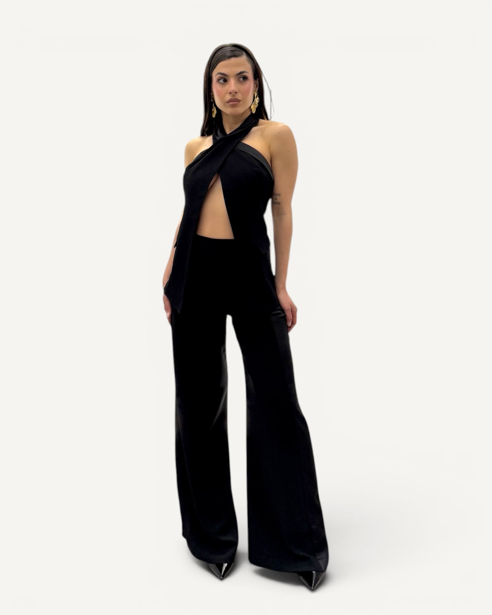 Hanita Couture – Pantalone Palazzo con Bande Laterali in Raso Smoking