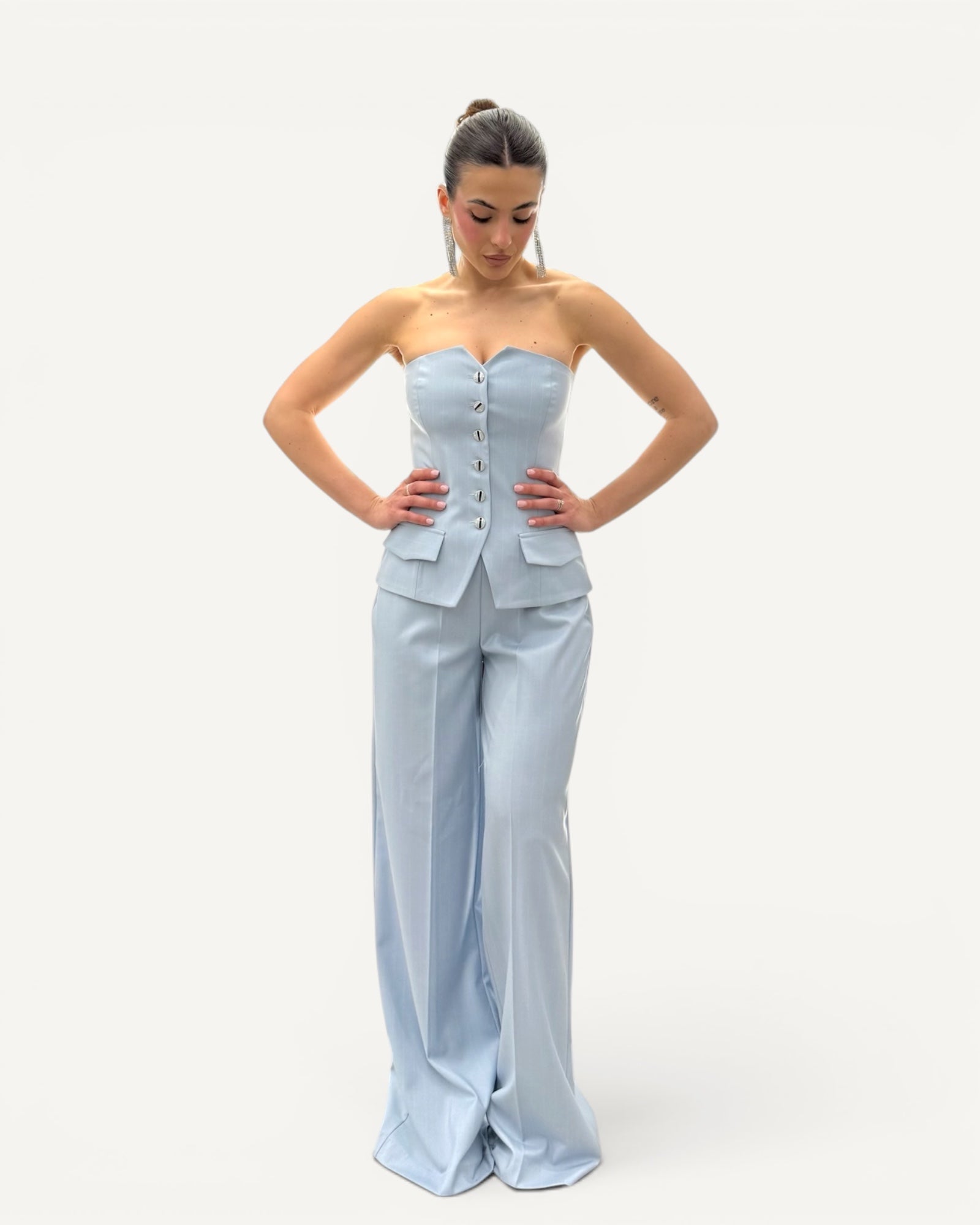 Silence Limited - Pantalone Palazzo Gessato Azzurro