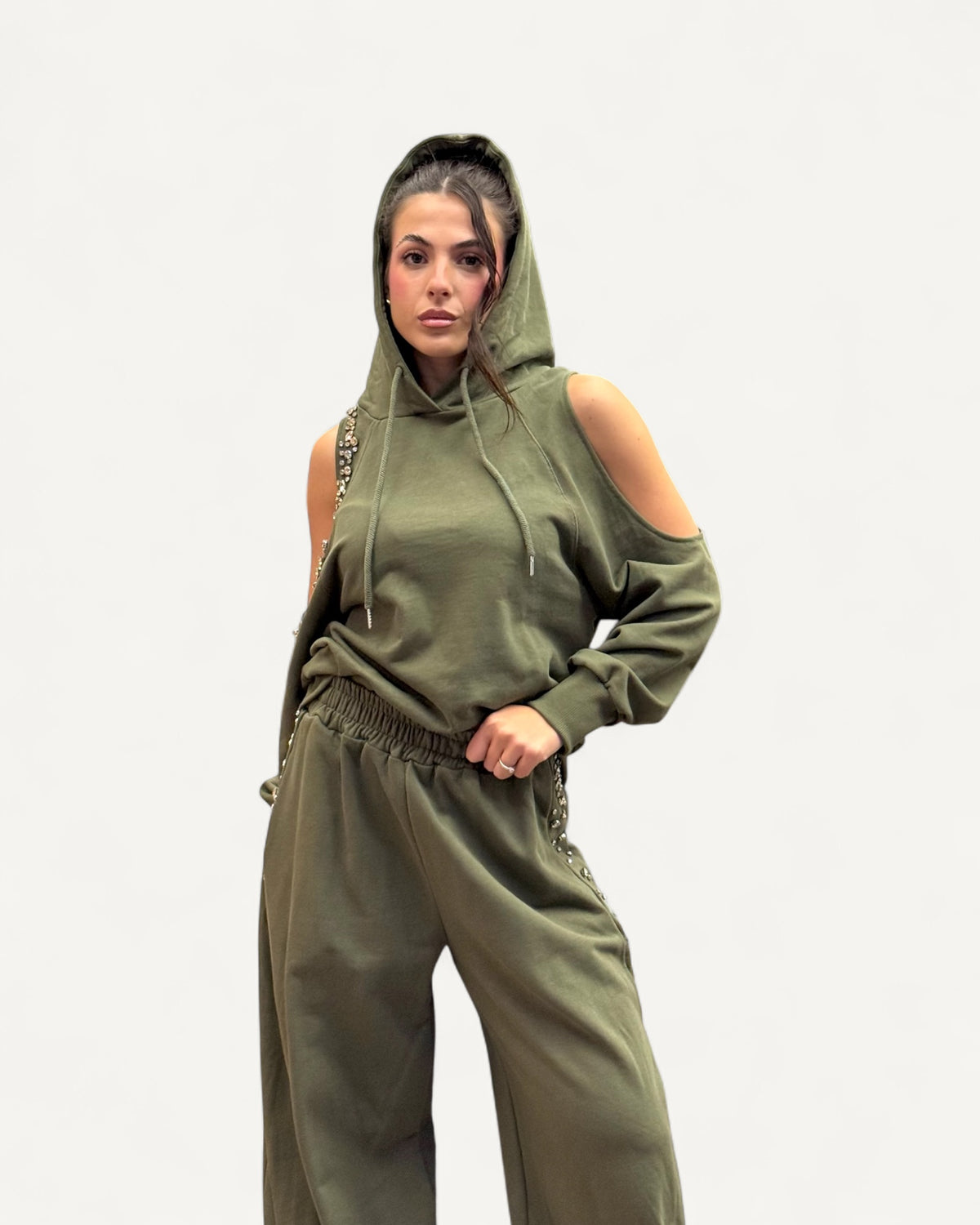 D'Elle - Giulia Mastini - Felpa Cut-Out e Strass Verde
