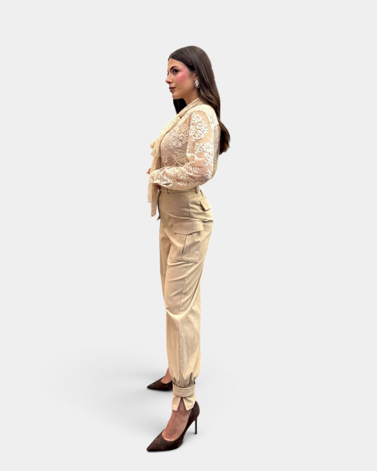 Koralline - Pantalone Cargo in Velluto con Tasconi Beige