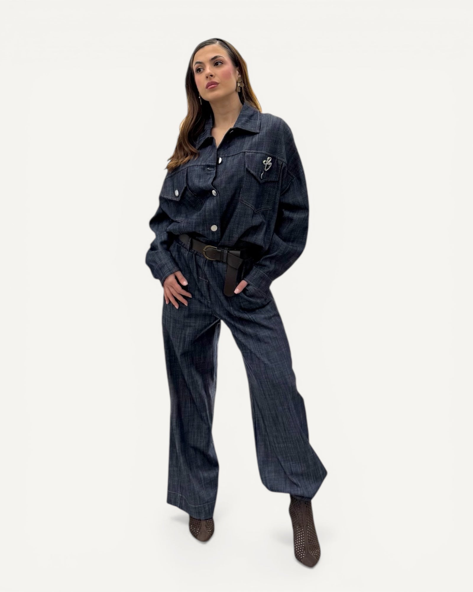 KikiSix - Pantalone Palazzo Denim Scuro