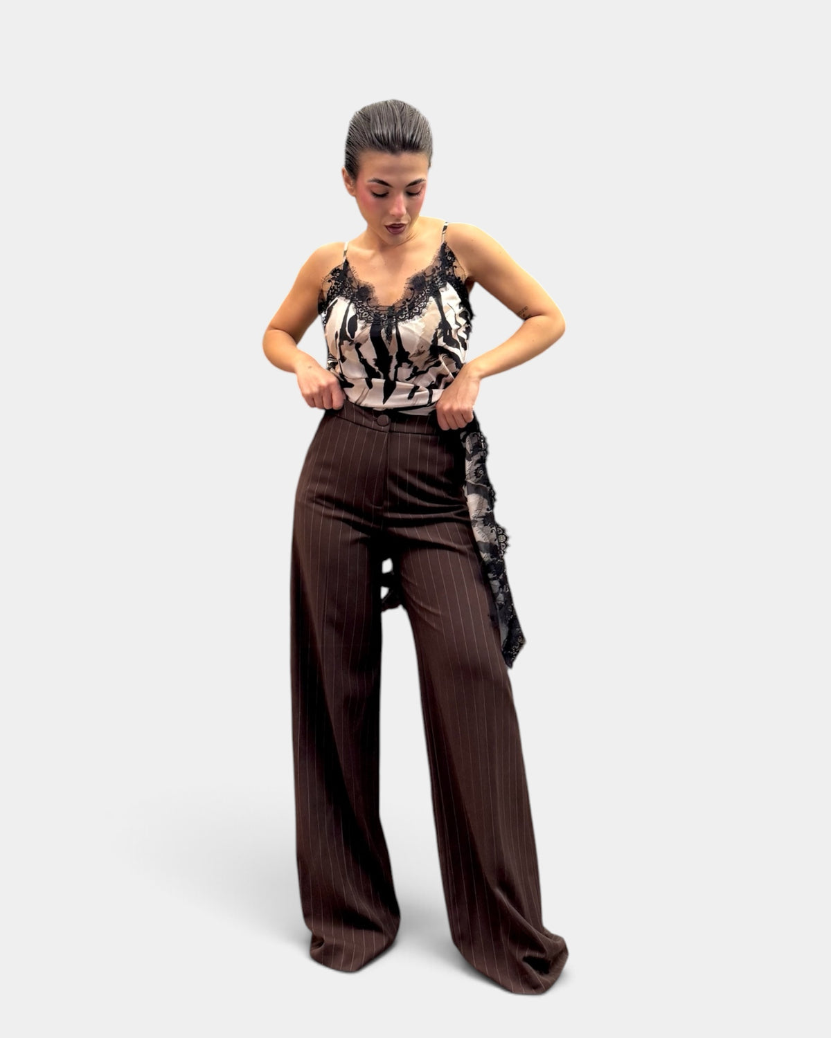 Dramée - Pantalone Palazzo Gessato Marrone