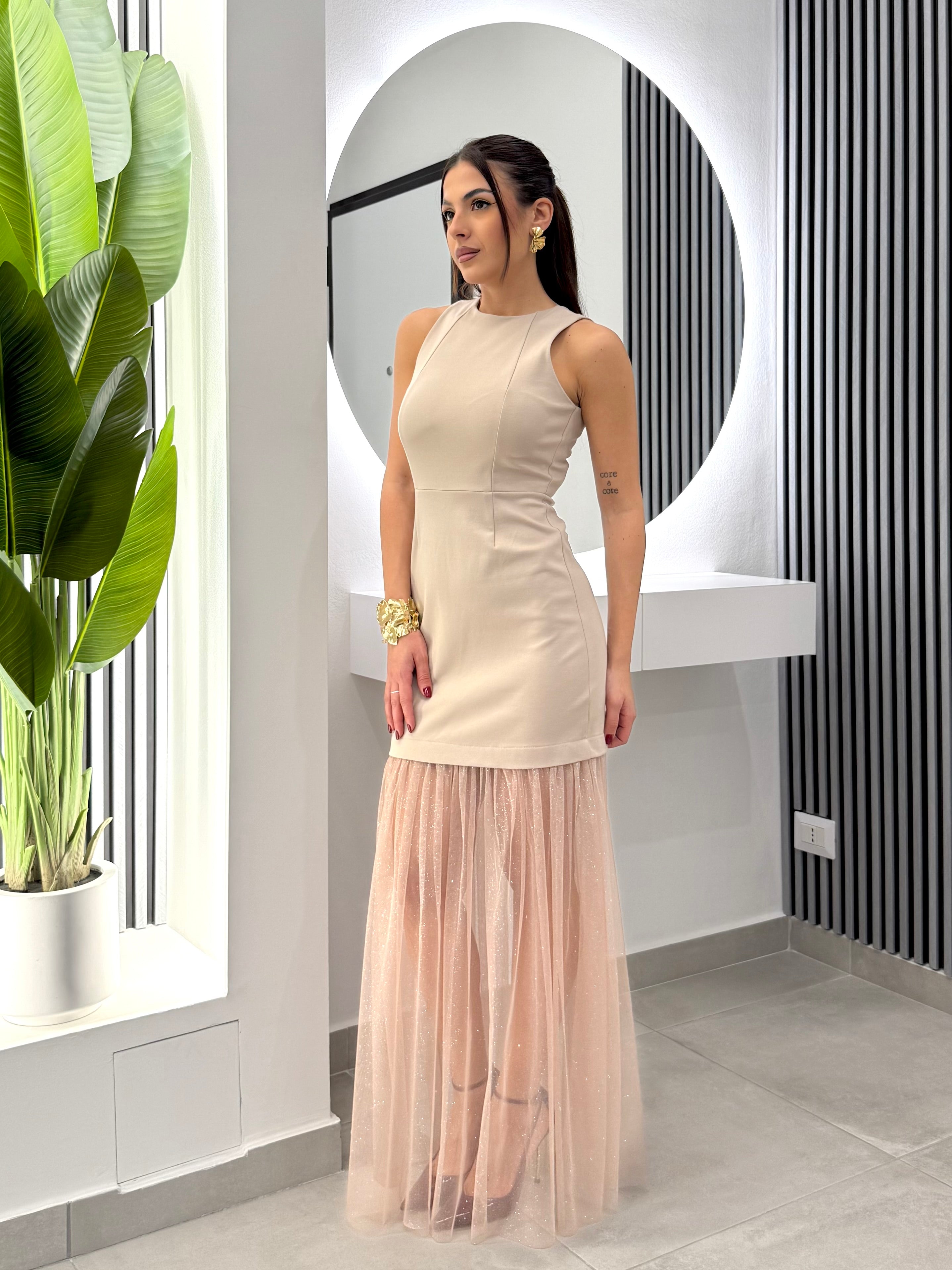 D'Elle Giulia Mastini - Abito Lungo Tulle Laminato Beige