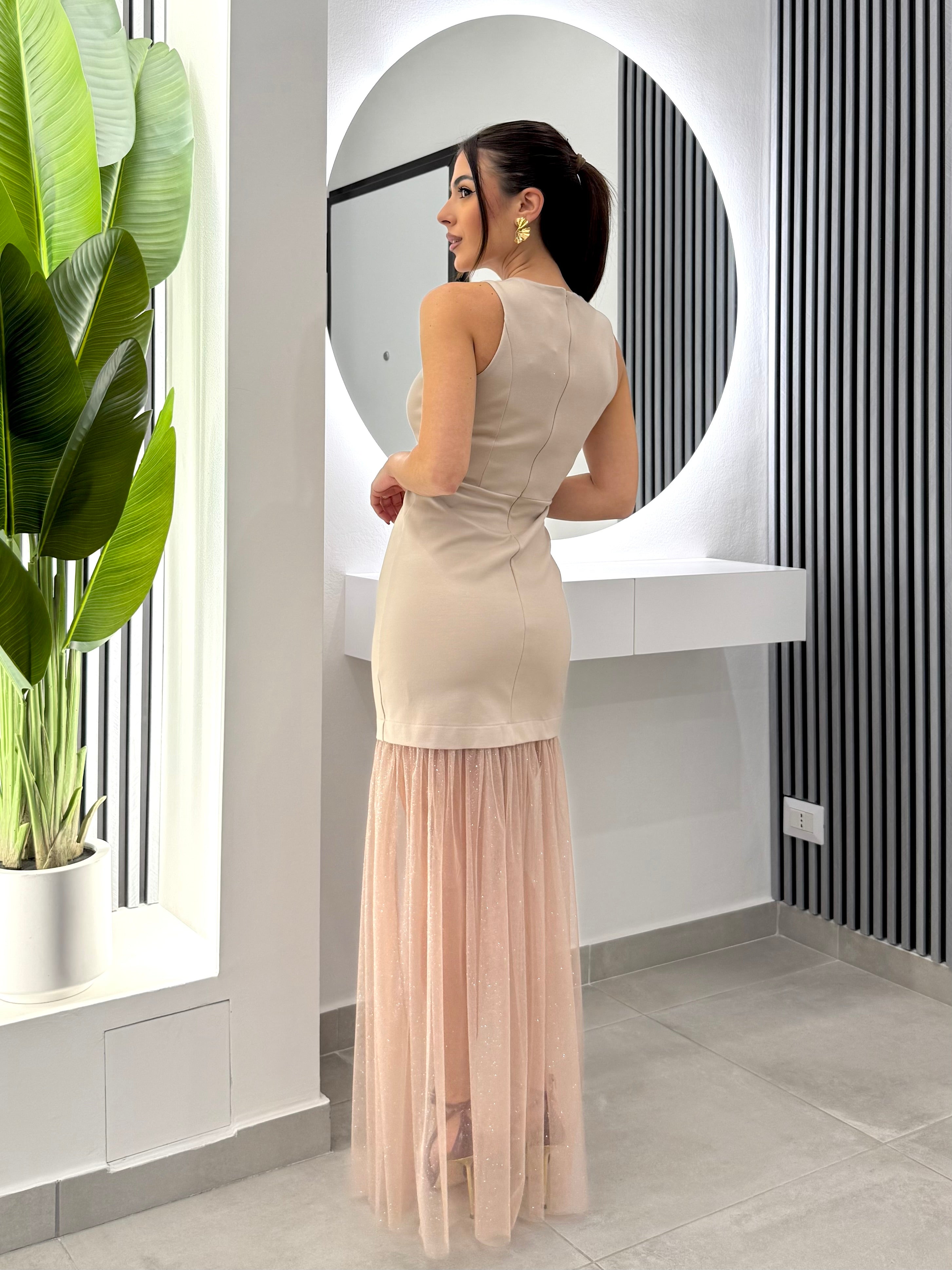 D'Elle Giulia Mastini - Abito Lungo Tulle Laminato Beige