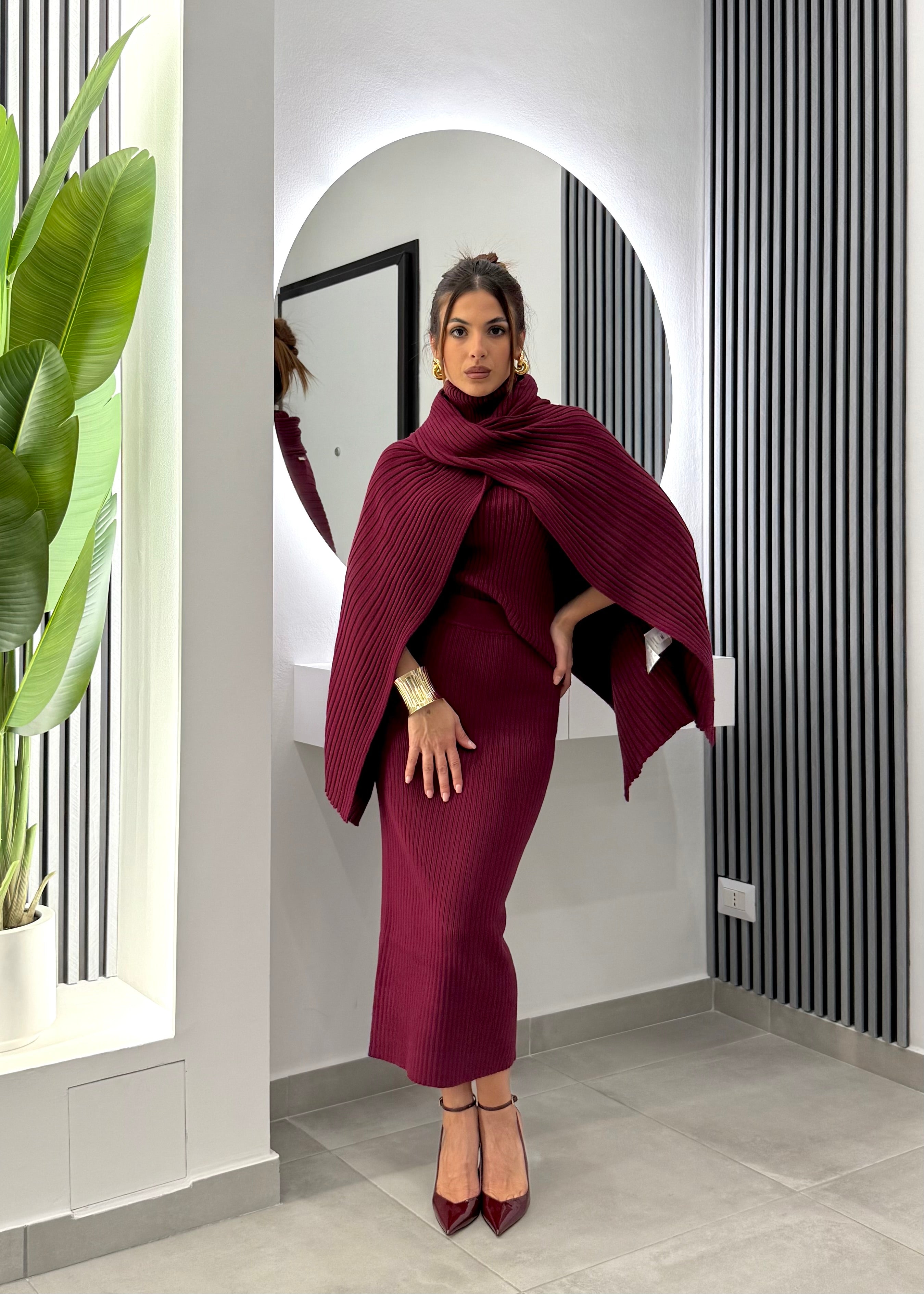 No Secrets - Poncho Maglia Coste Bordeaux