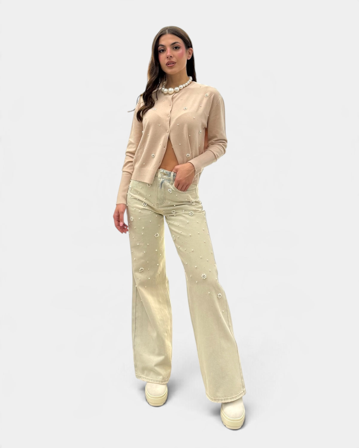 Koralline - Cardigan Beige Girocollo con Perle e Strass