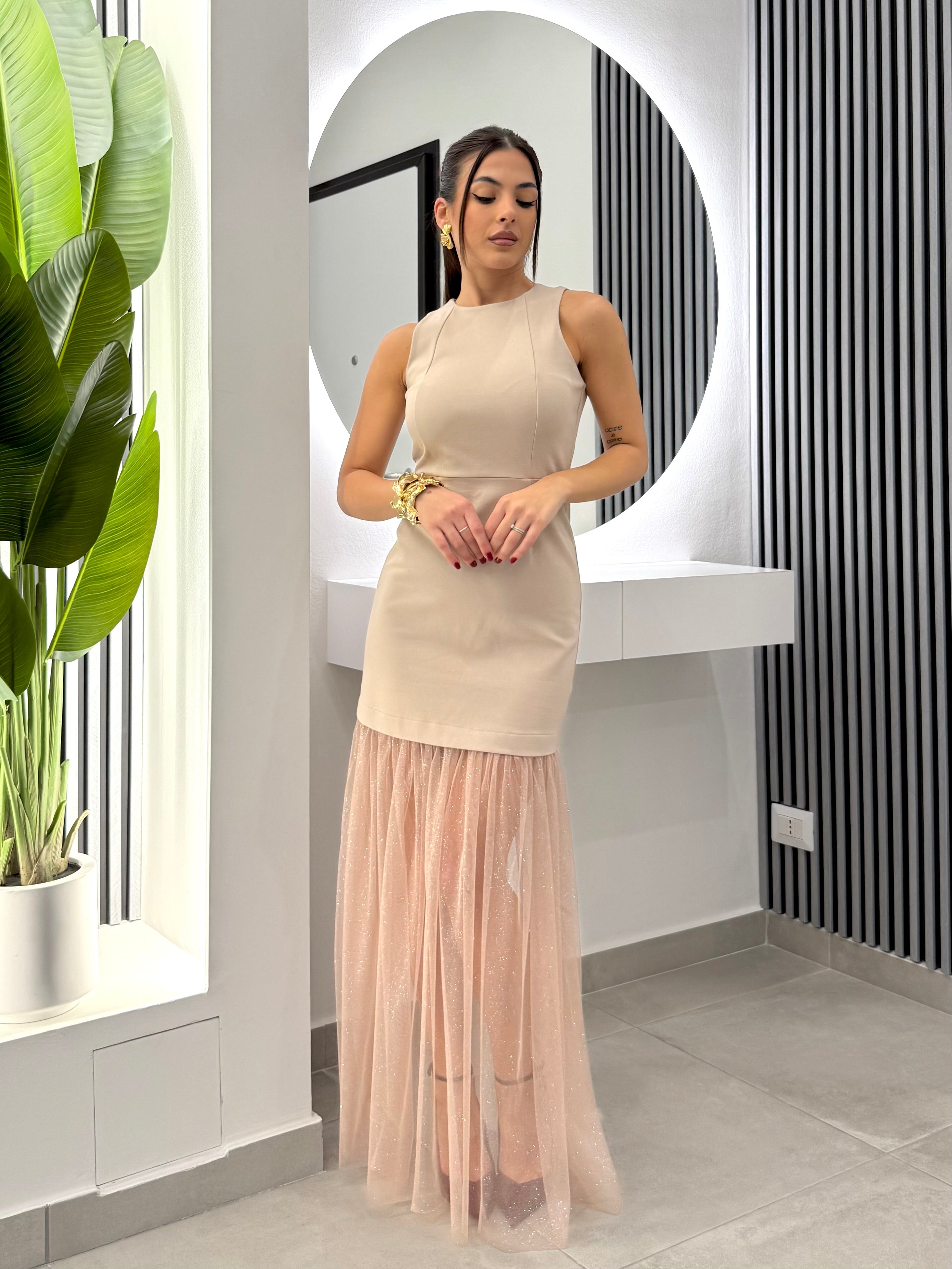 D'Elle Giulia Mastini - Abito Lungo Tulle Laminato Beige