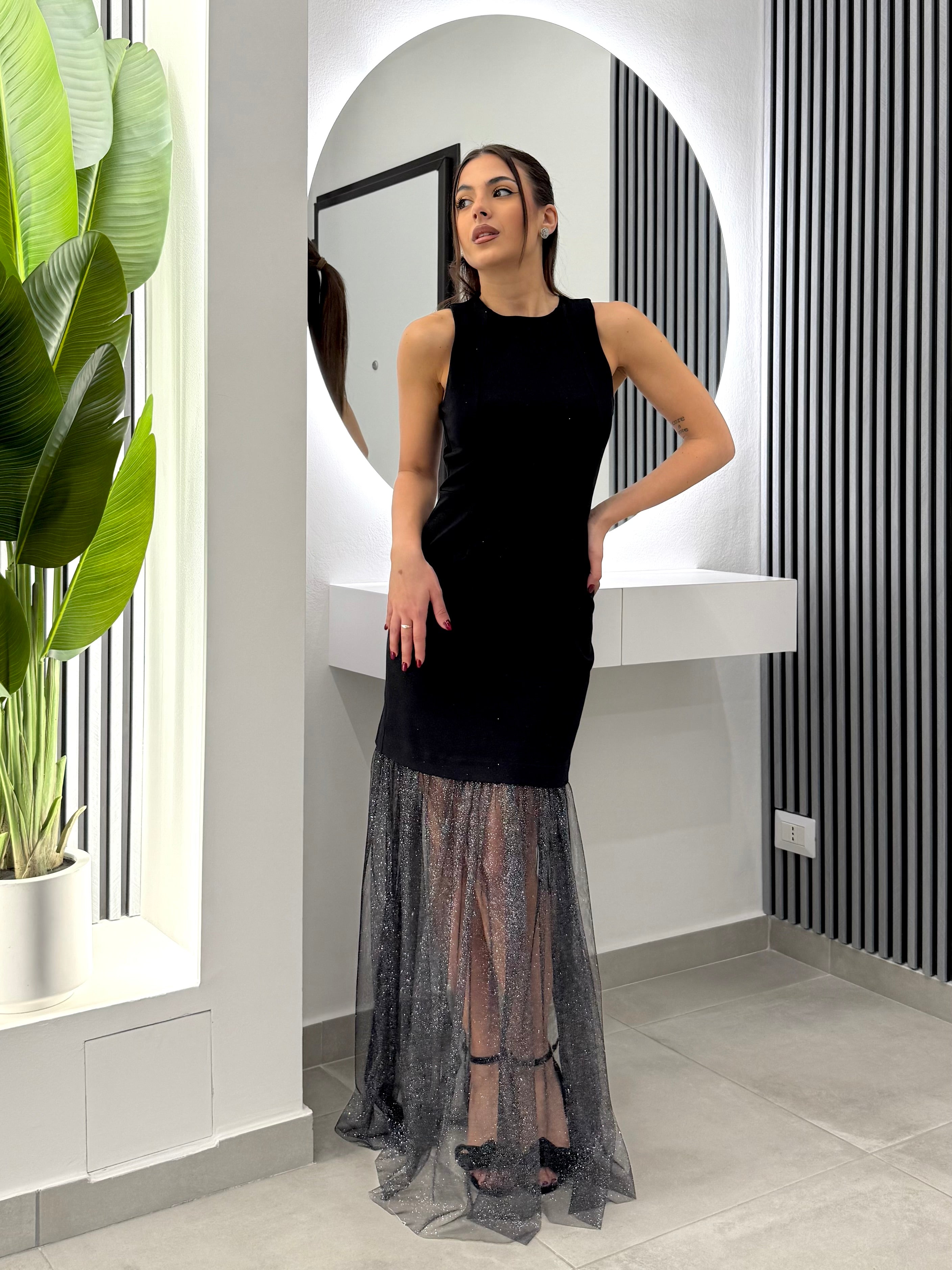 D'Elle Giulia Mastini - Abito Lungo Tulle Laminato Nero