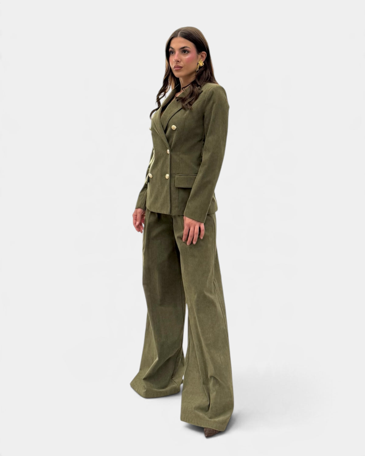 Koralline - Pantalone Morbido Velluto con Pinces Verde Militare