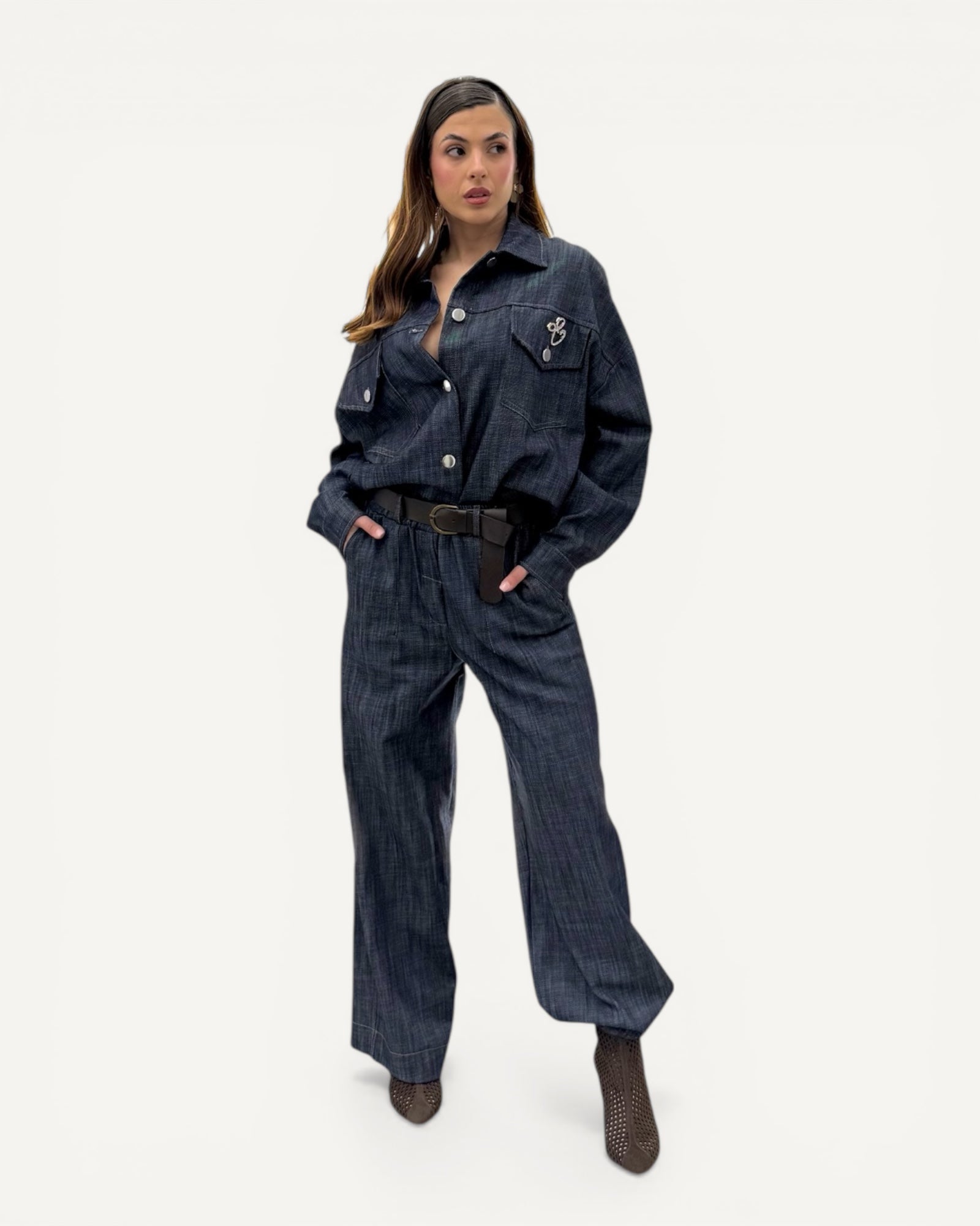KikiSix - Pantalone Palazzo Denim Scuro