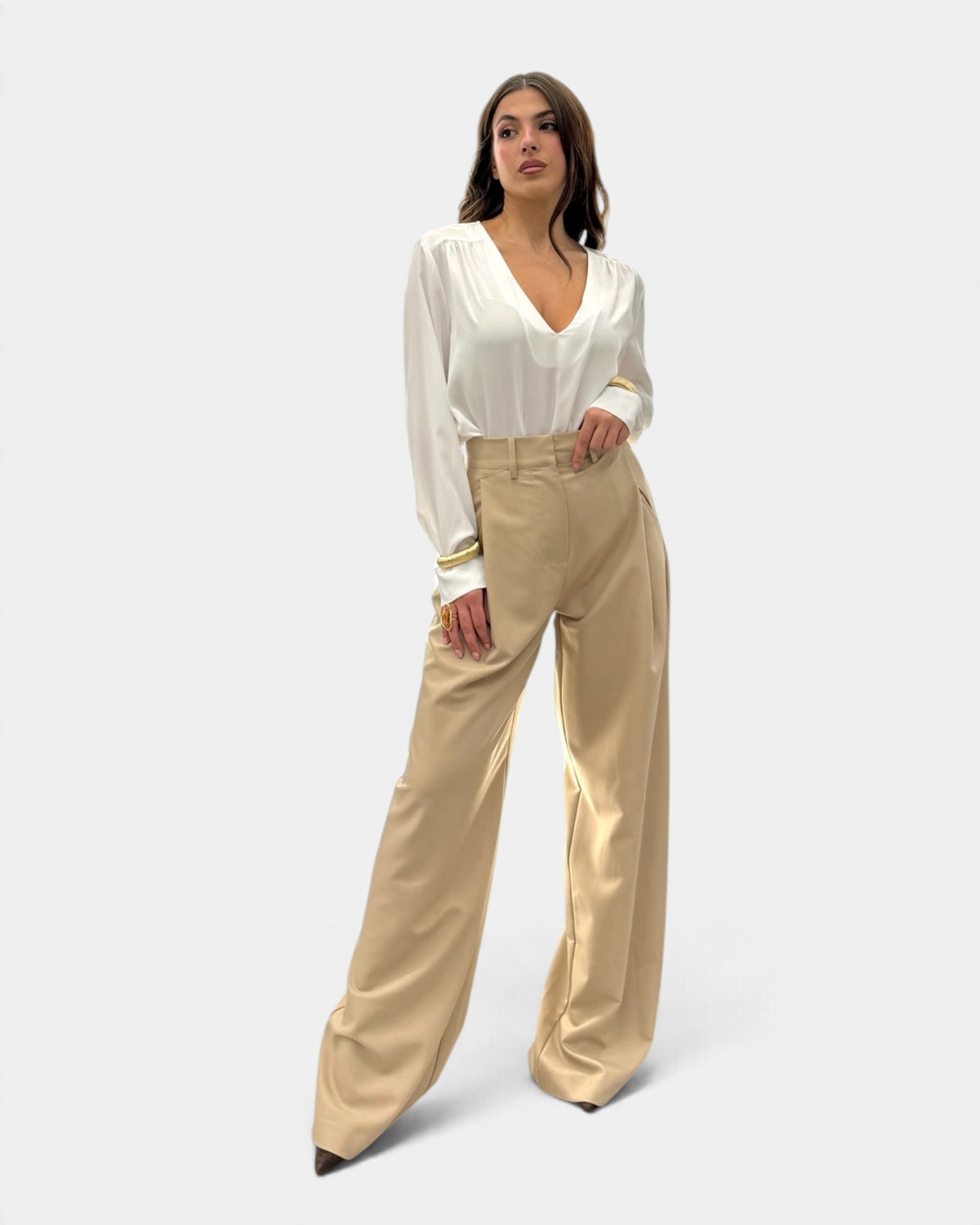Koralline - Blusa Basic con Scollo a V Bianca