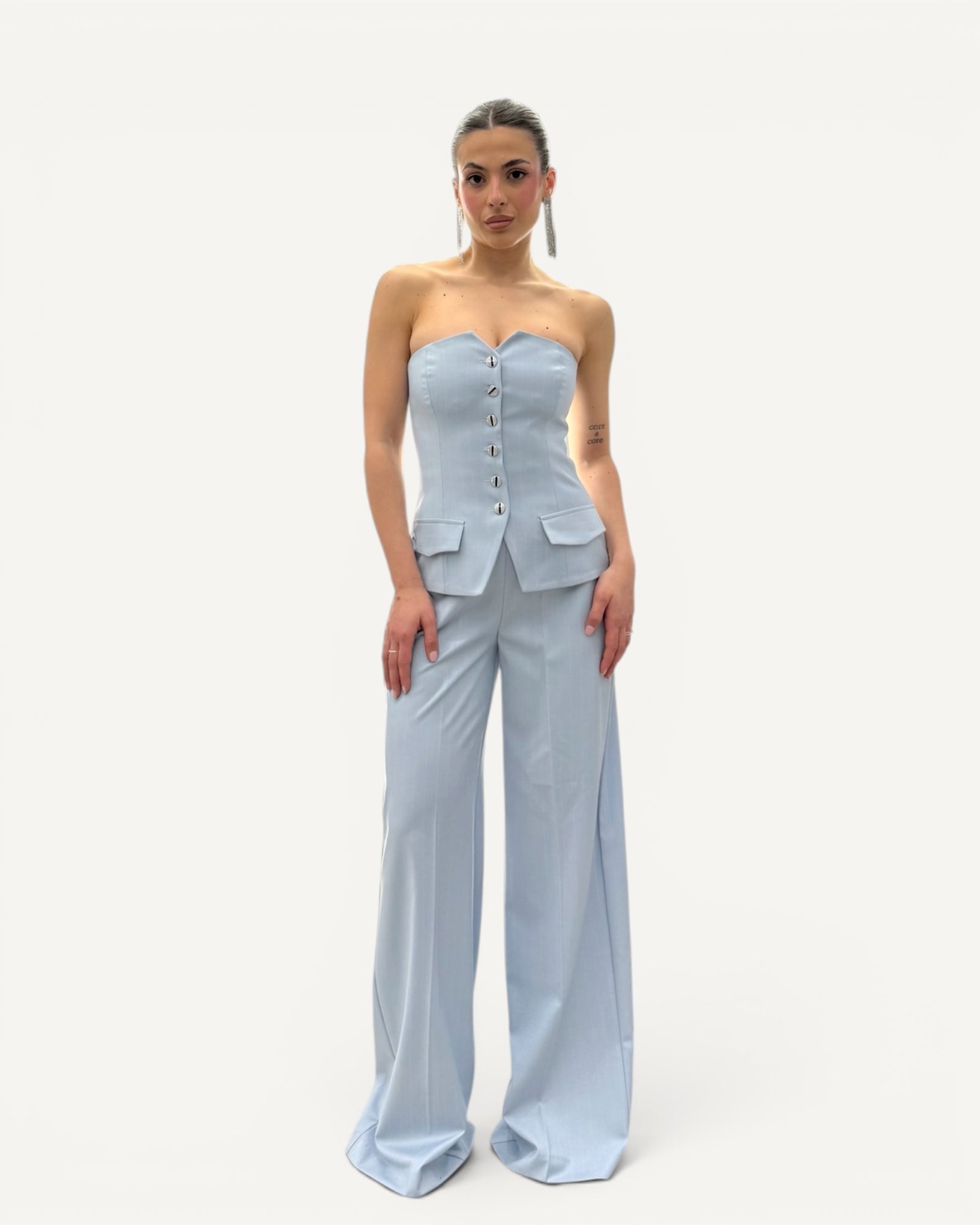 Silence Limited - Pantalone Palazzo Gessato Azzurro