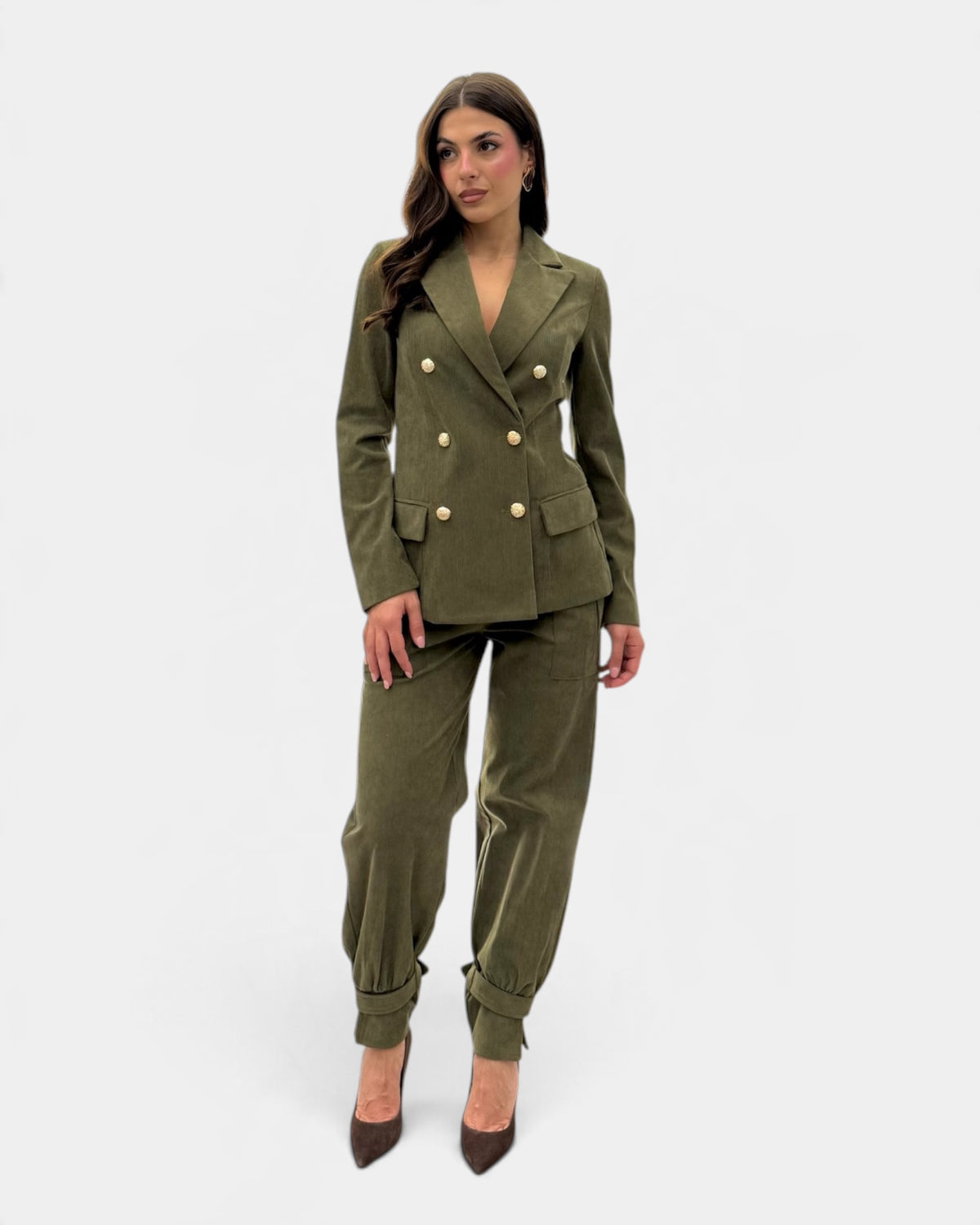 Koralline - Pantalone Cargo in Velluto con Tasconi Verde Militare