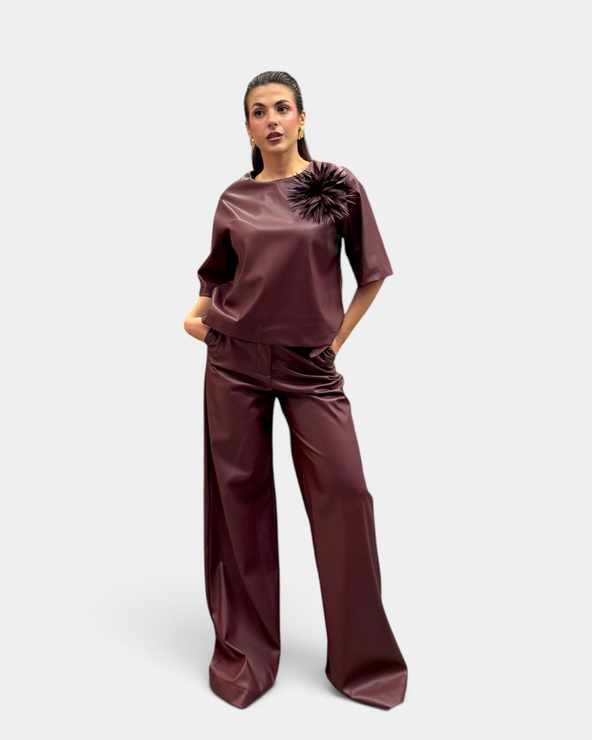 Dramée - Pantalone Largo in Ecopelle Bordeaux