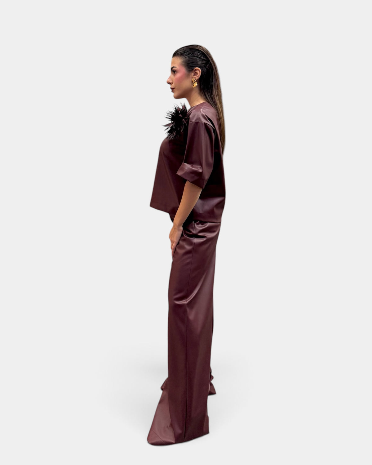 Dramée - Pantalone Largo in Ecopelle Bordeaux