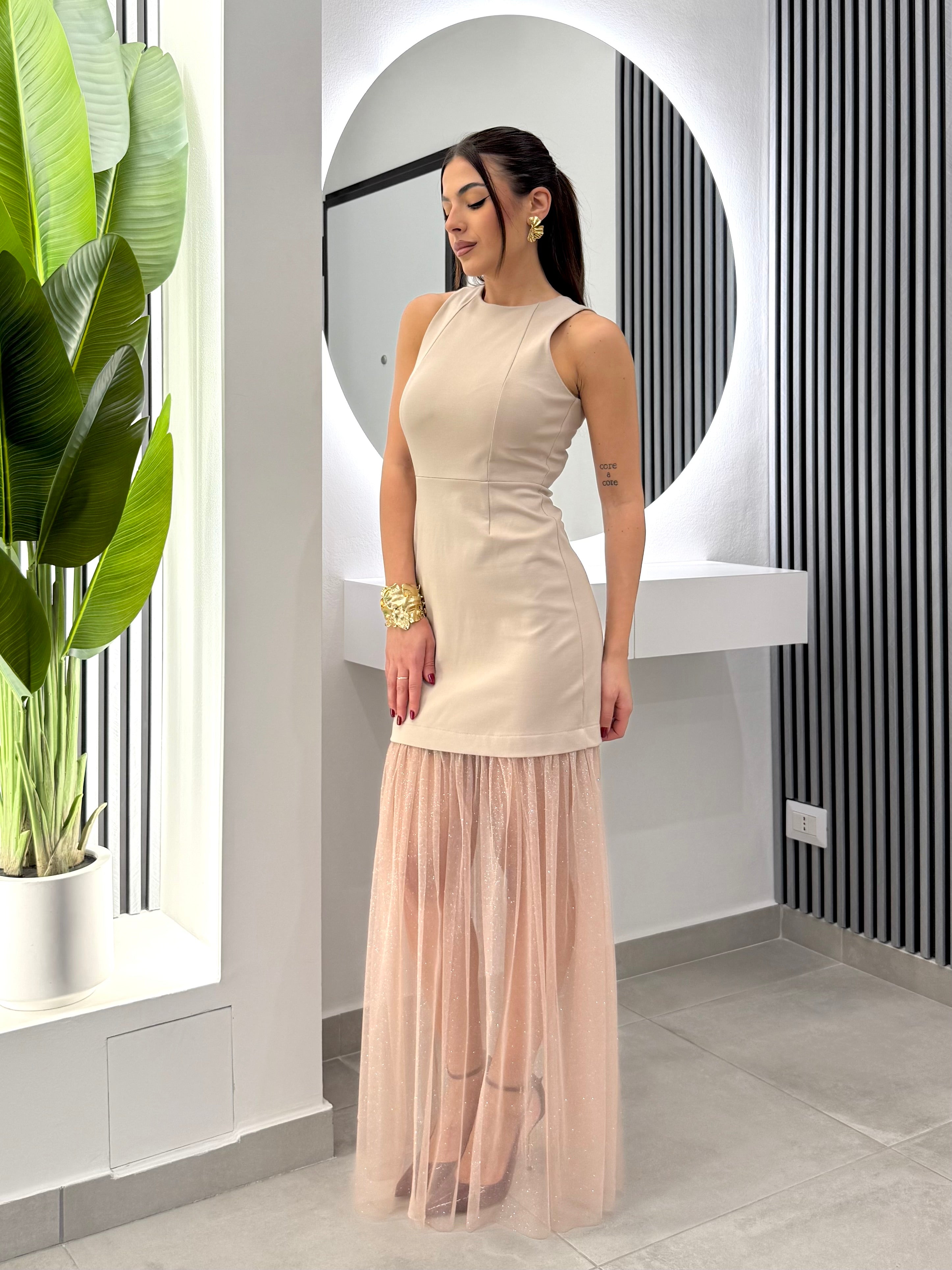 D'Elle Giulia Mastini - Abito Lungo Tulle Laminato Beige