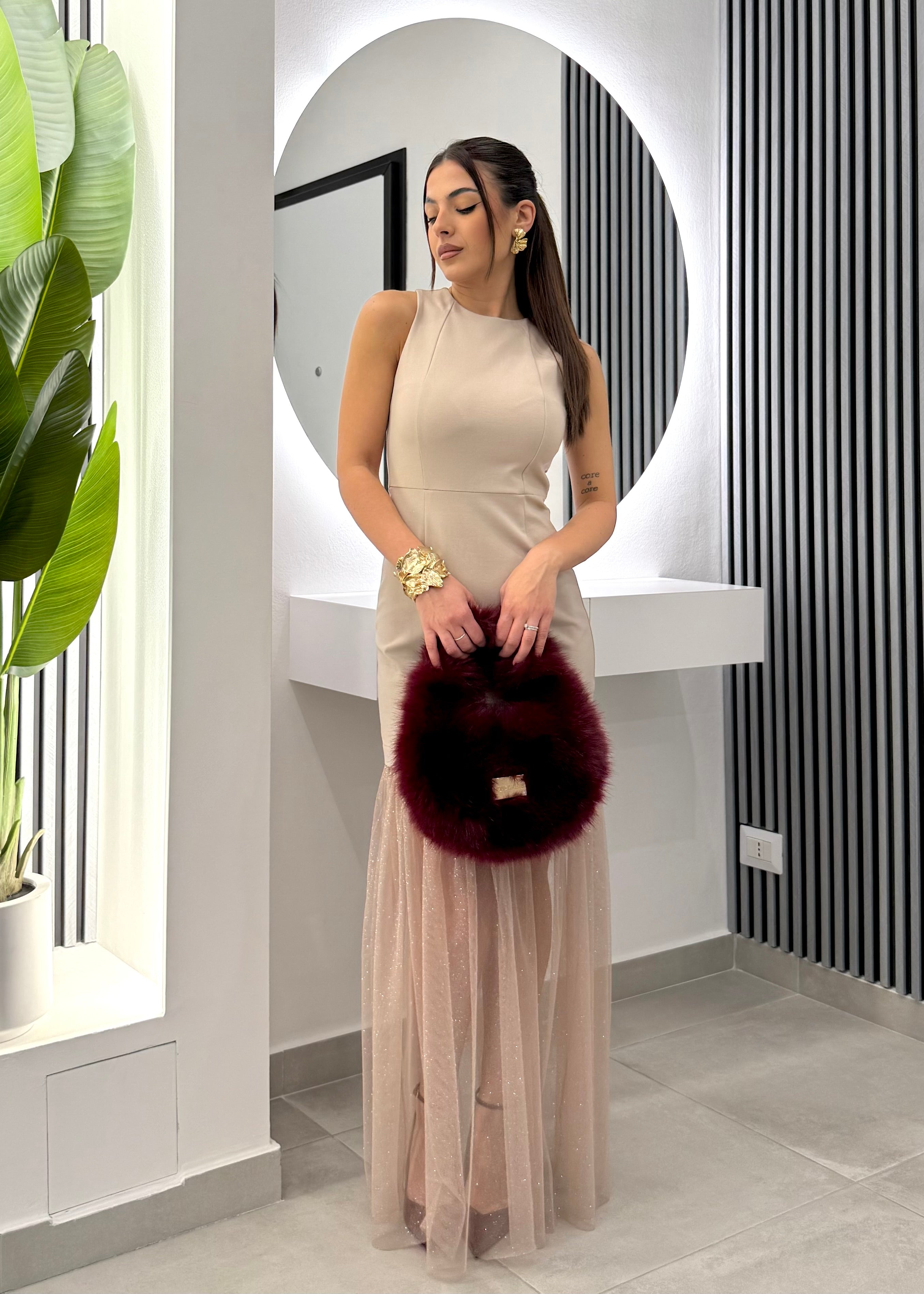 D'Elle Giulia Mastini - Abito Lungo Tulle Laminato Beige