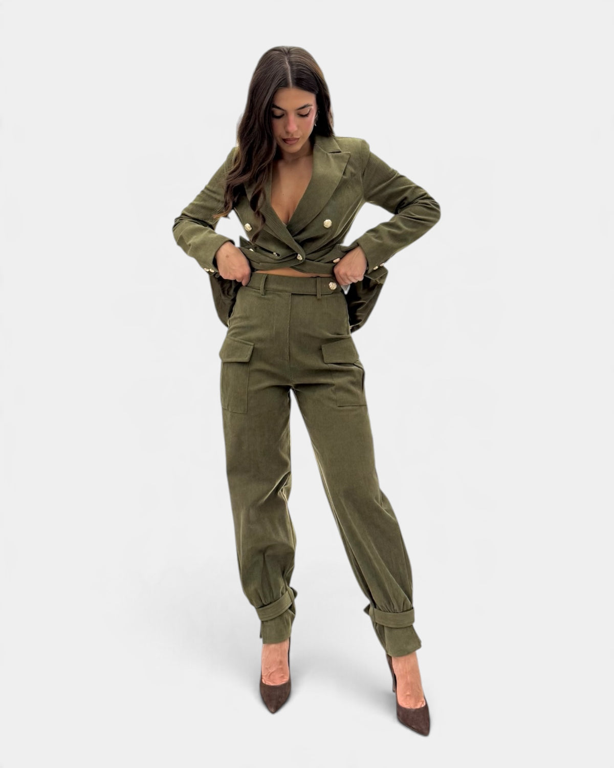 Koralline - Pantalone Cargo in Velluto con Tasconi Verde Militare