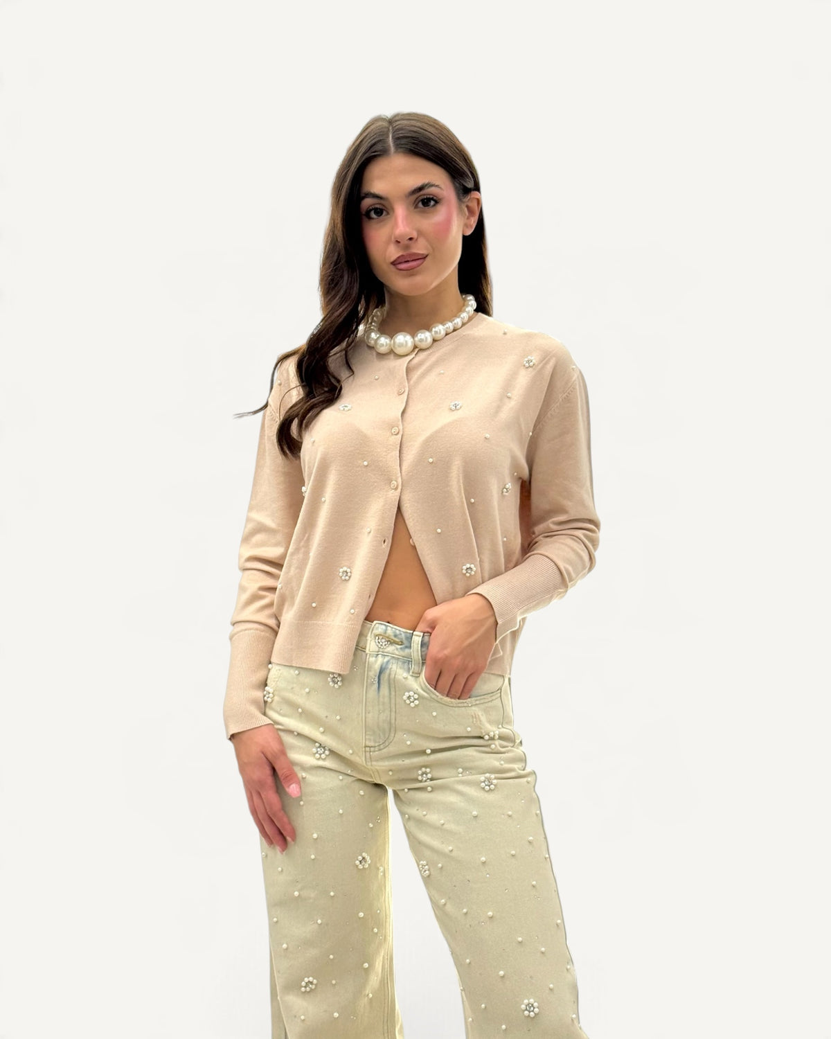 Koralline - Cardigan Beige Girocollo con Perle e Strass