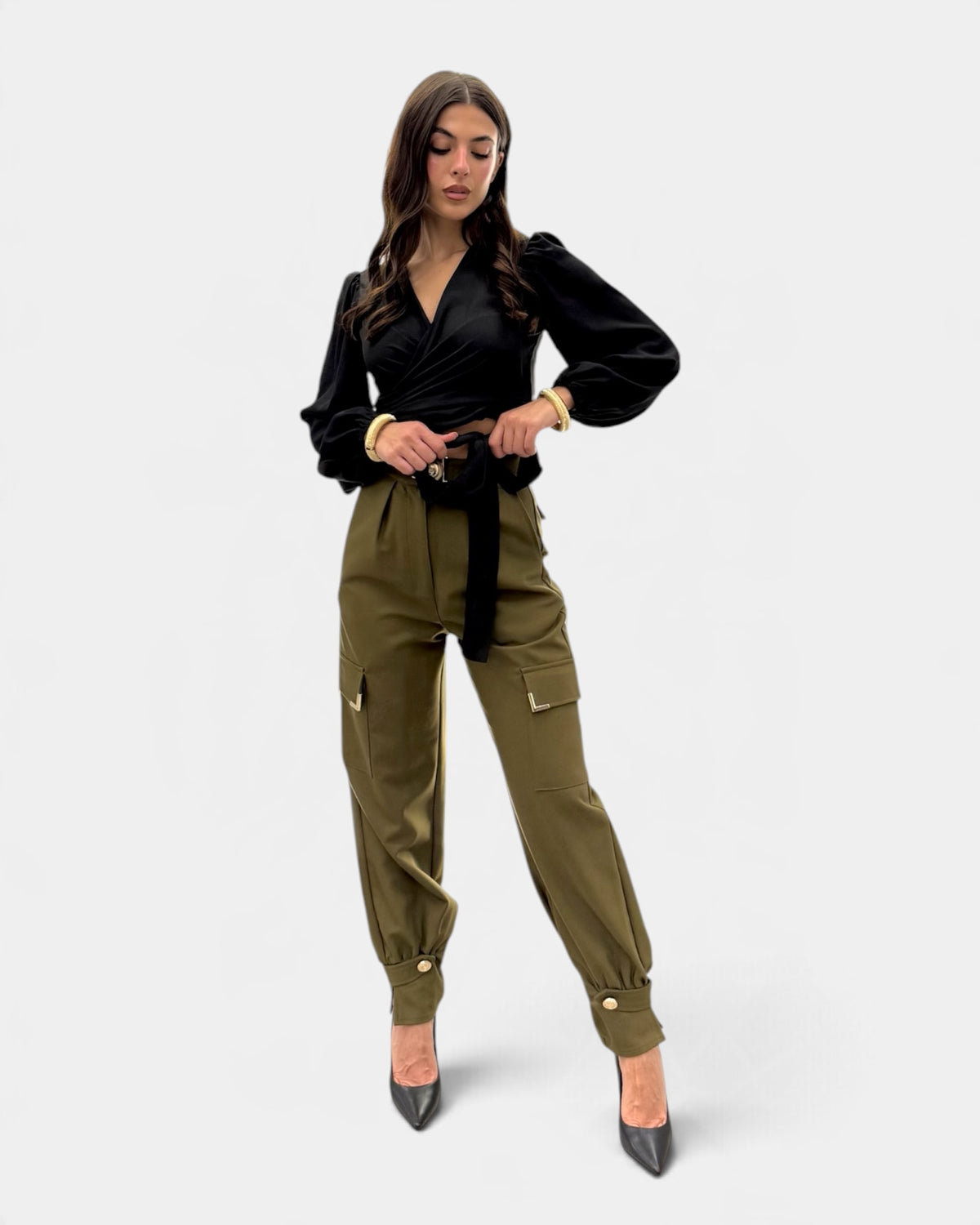 Koralline - Pantalone Cargo Fibbia Oro Verde Militare