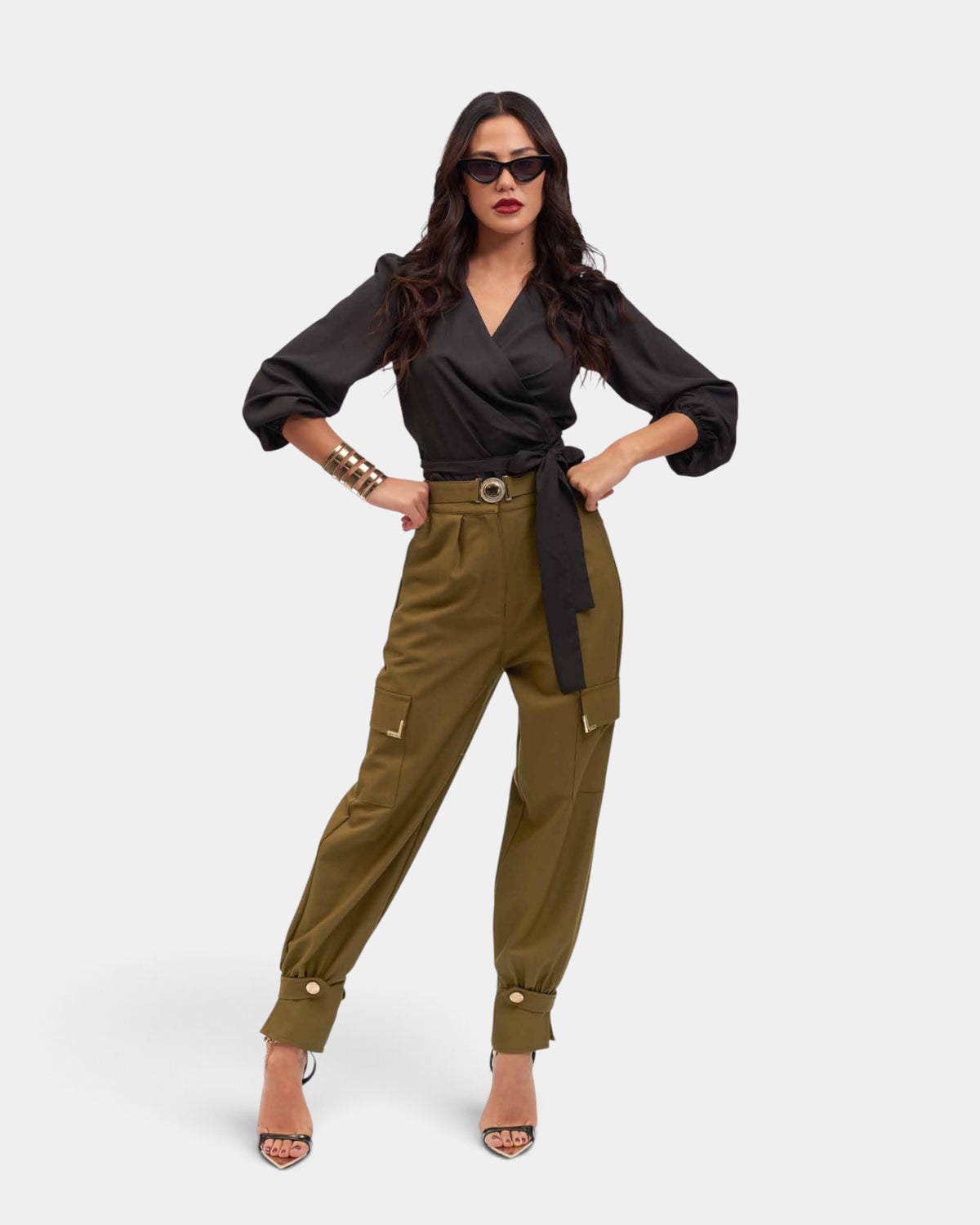Koralline - Pantalone Cargo Fibbia Oro Verde Militare