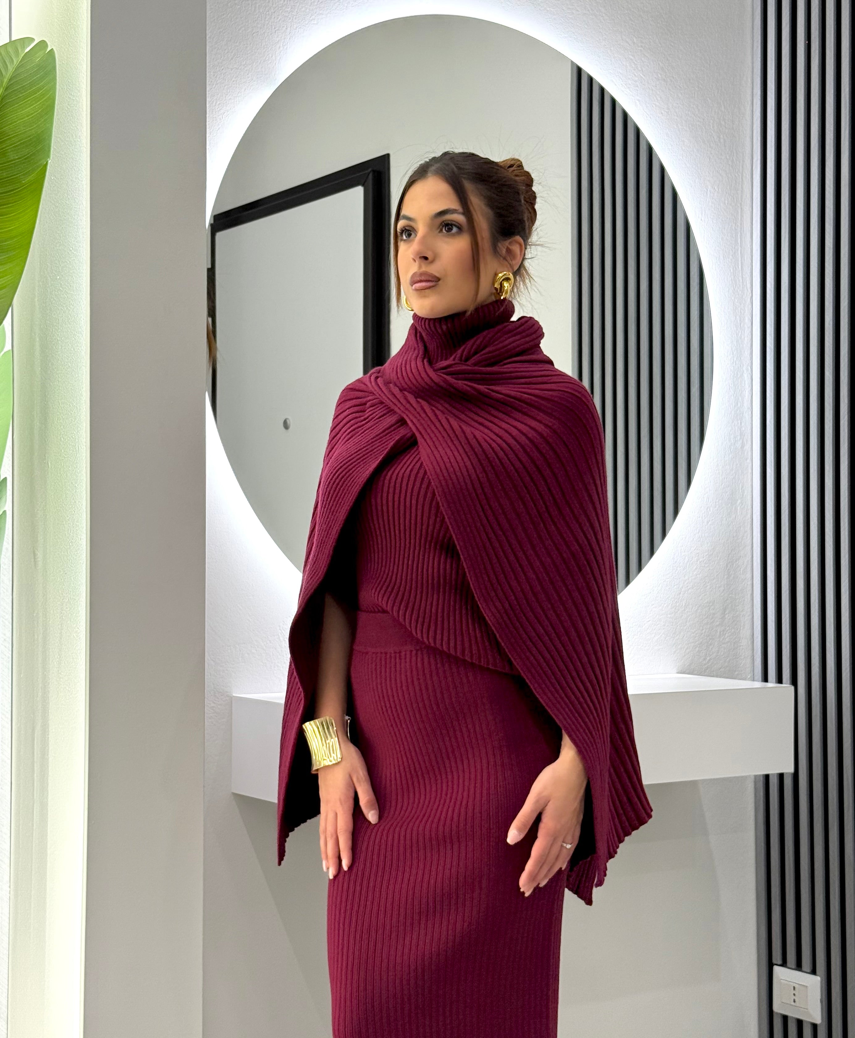 No Secrets - Poncho Maglia Coste Bordeaux
