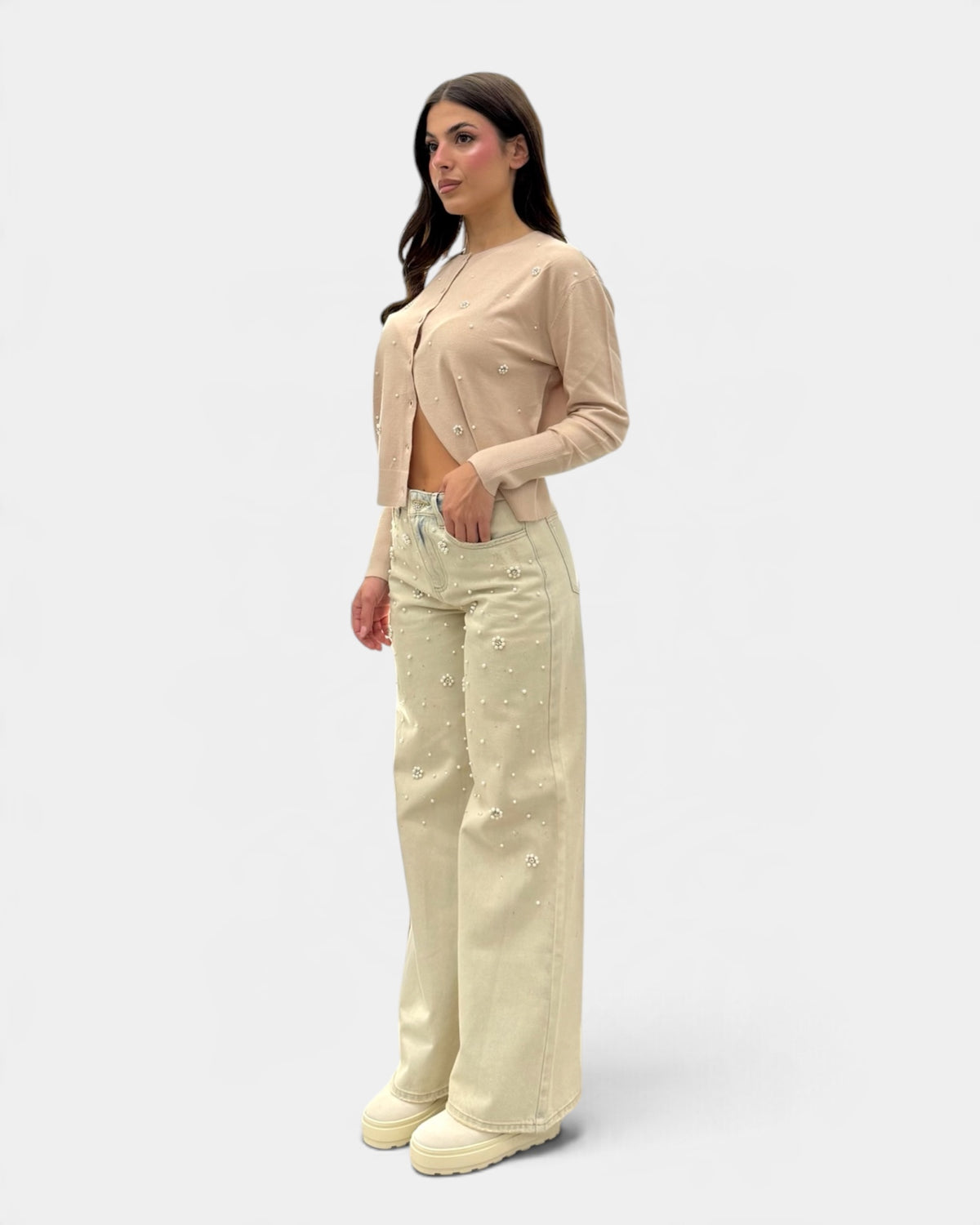 Koralline - Cardigan Beige Girocollo con Perle e Strass